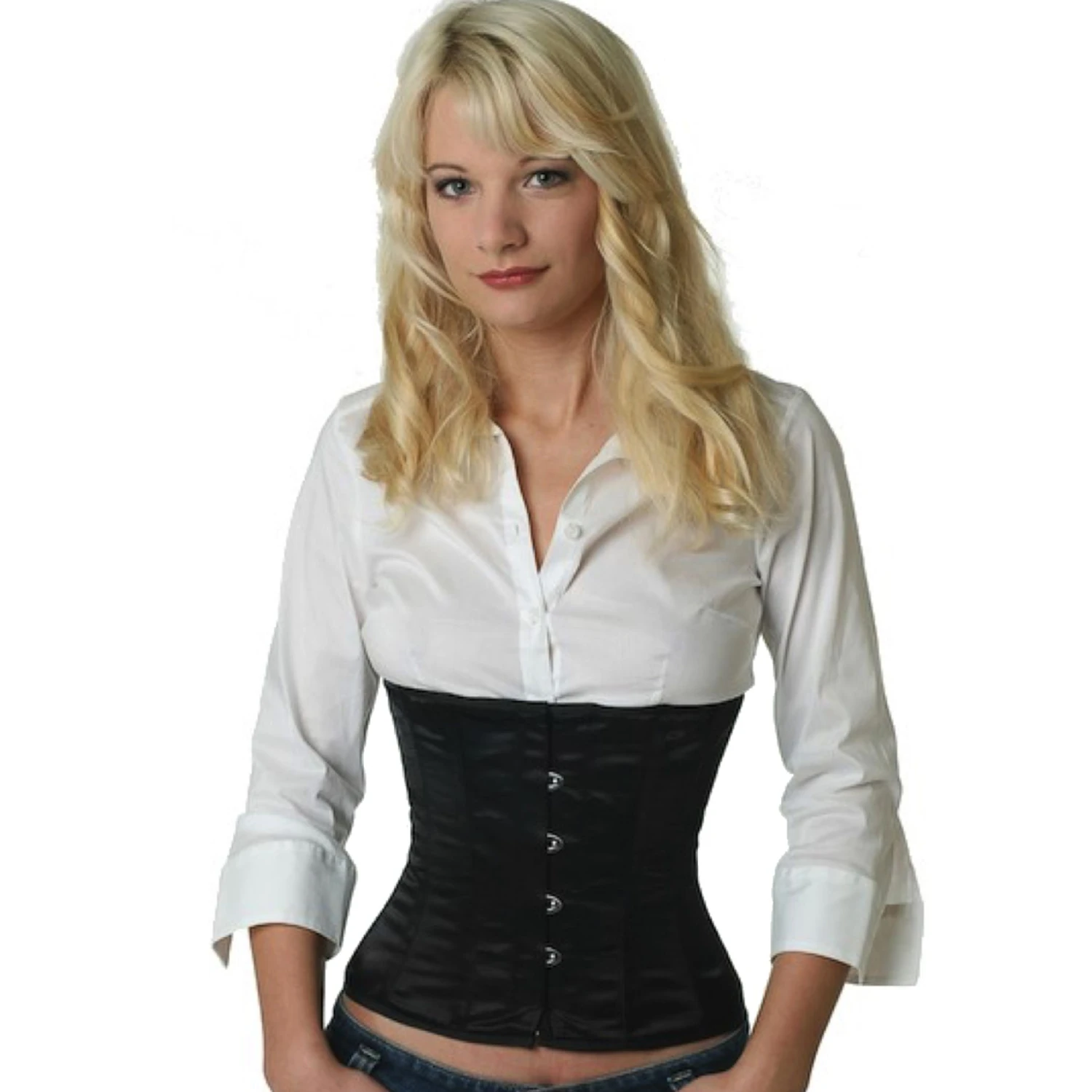 Korsett Satin Schwarz Taillen sw00 Modell trägt ein kurzes Satin-Taillenkorsett in schwarz mit Innenfutter aus Baumwolle