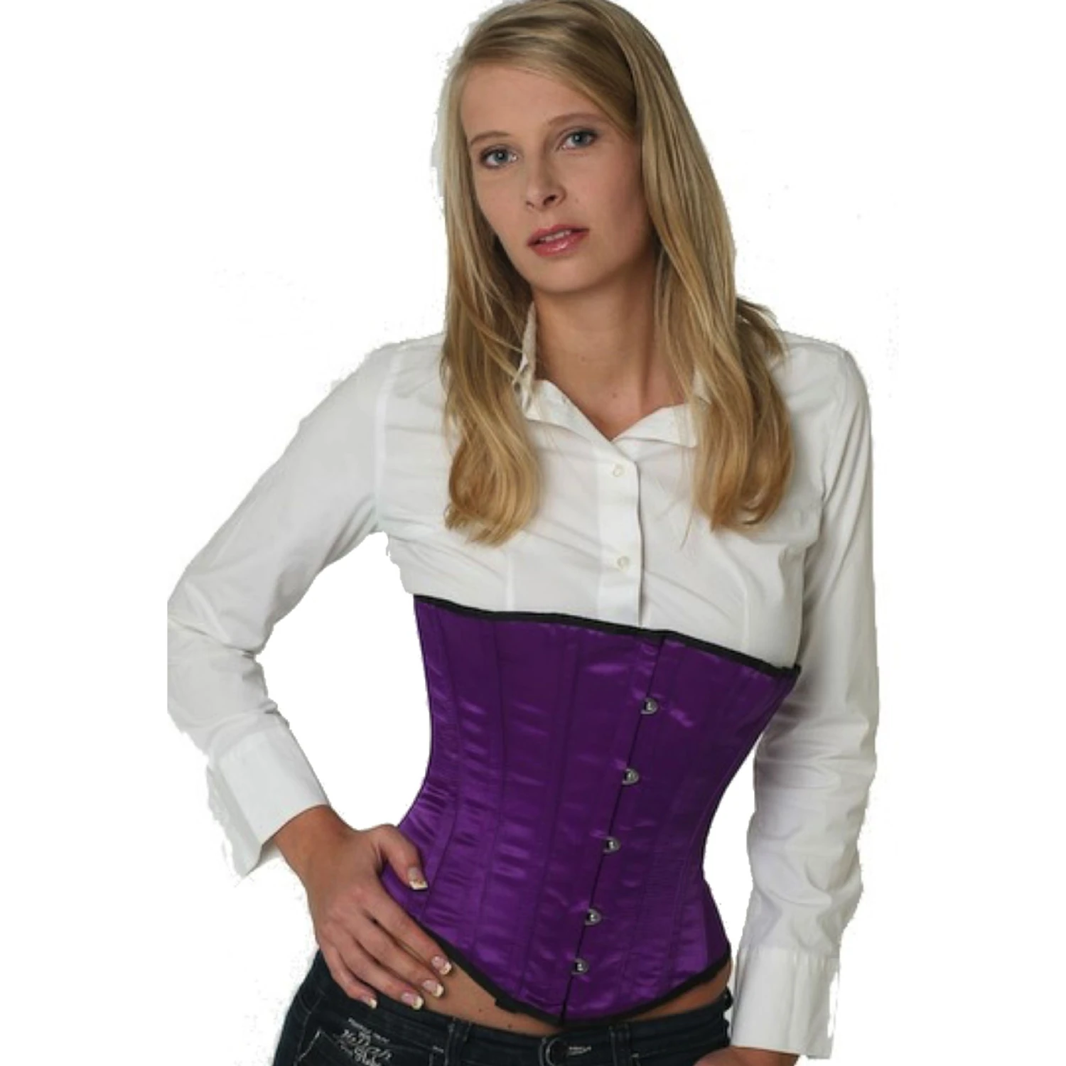 Korsett Unterbrust Satin Violett su09 Modell trägt ein elegantes Satin-Unterbrustkorsett in violett mit Innenfutter aus Baumwolle