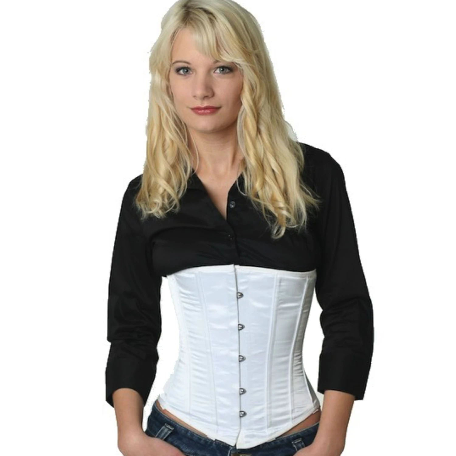 Korsett Weiß Satin Unterbrust su02 Modell trägt ein elegantes Satin-Unterbrustkorsett in weiß mit Innenfutter aus Baumwolle