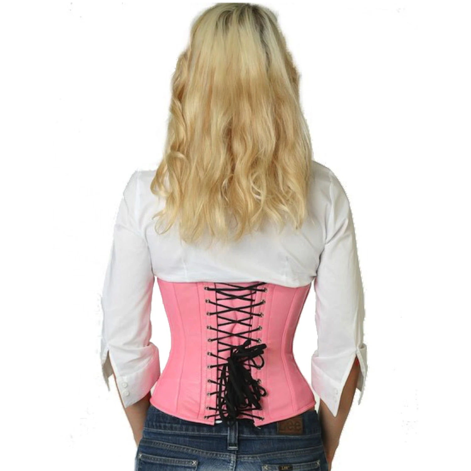 Korsett Taillen Leder Rosa lw22 Rückansicht am Modell für das Lederkorsett Taillenkorsett in pink mit klassischer Schnürung hinten und 10 Edelstahl-Korsettstangen.