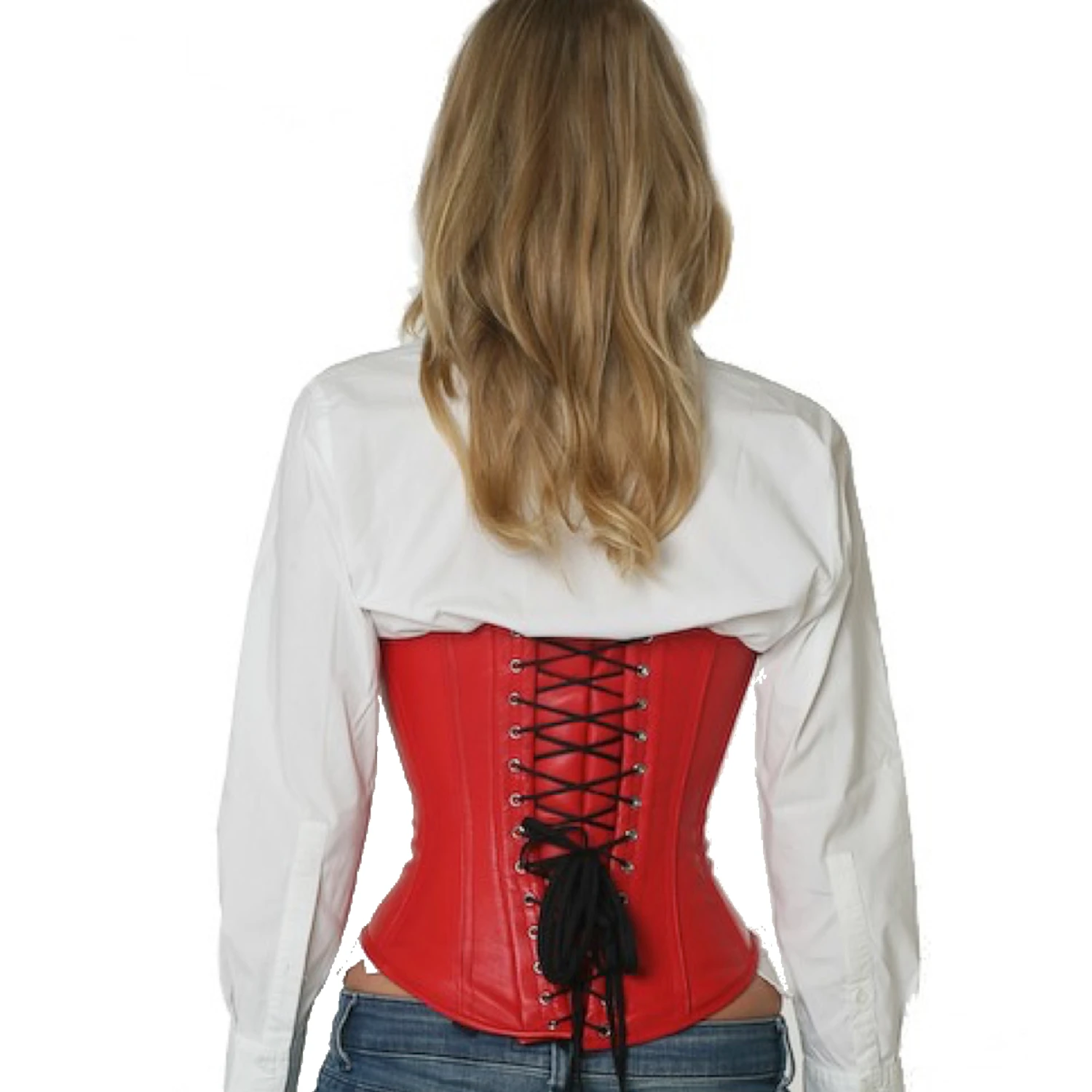 Korsett Unterbrust Leder Rot lu23 Rückansicht Schnürkorsett Leder Unterbrust in rot am Modell mit Schnürung hinten