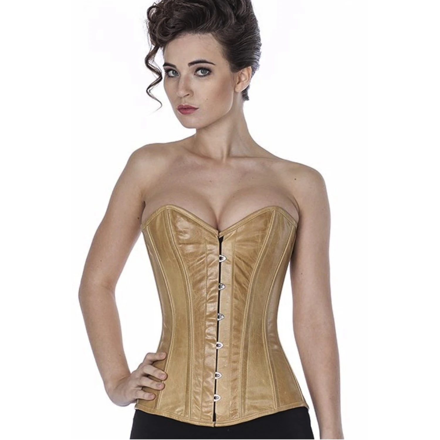 Modell trägt das Vollbrust-Lederkorsett in beige in der Vorderansicht für eine Taillenreduktion um bis zu 10cm.
