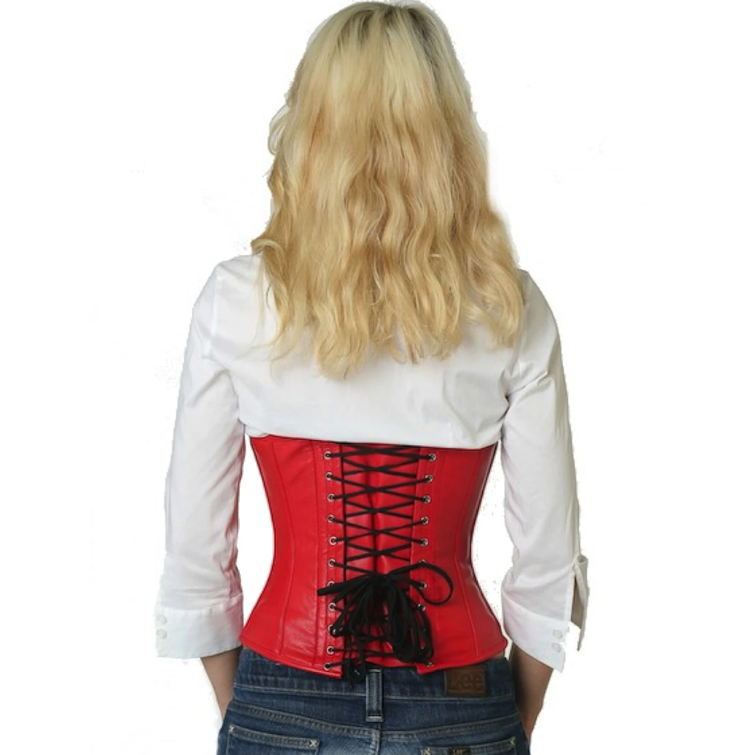 Korsett Rot Taillen Leder lw23 Rückansicht am Modell für das Lederkorsett Taillenkorsett in rot mit klassischer Schnürung hinten und 10 Edelstahl-Korsettstangen.