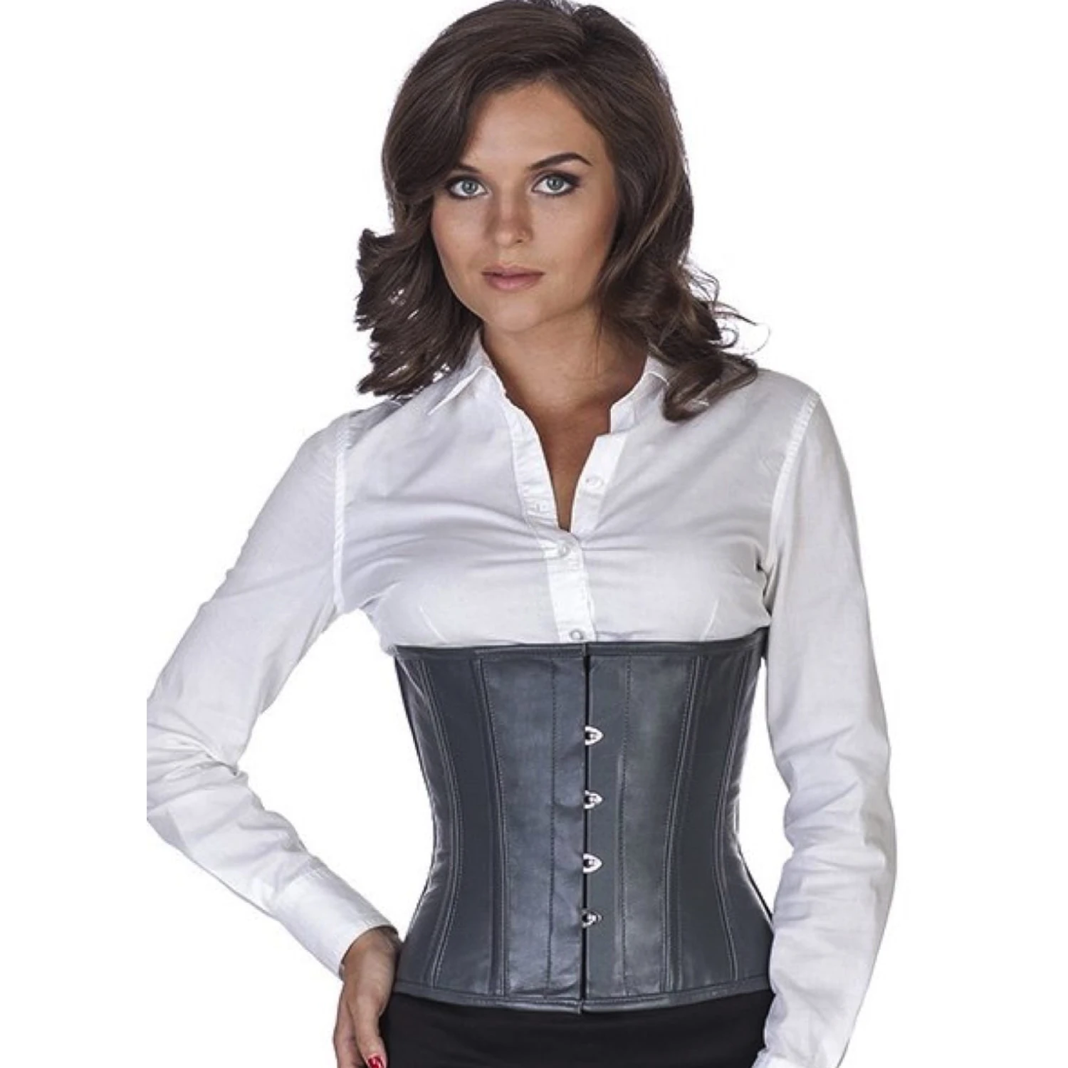 Korsett Taillen Leder Grau lw34 Modell trägt das Taillenkorsett-Lederkorsett in grau in der Vorderansicht für eine Taillenreduktion um bis zu 10cm.