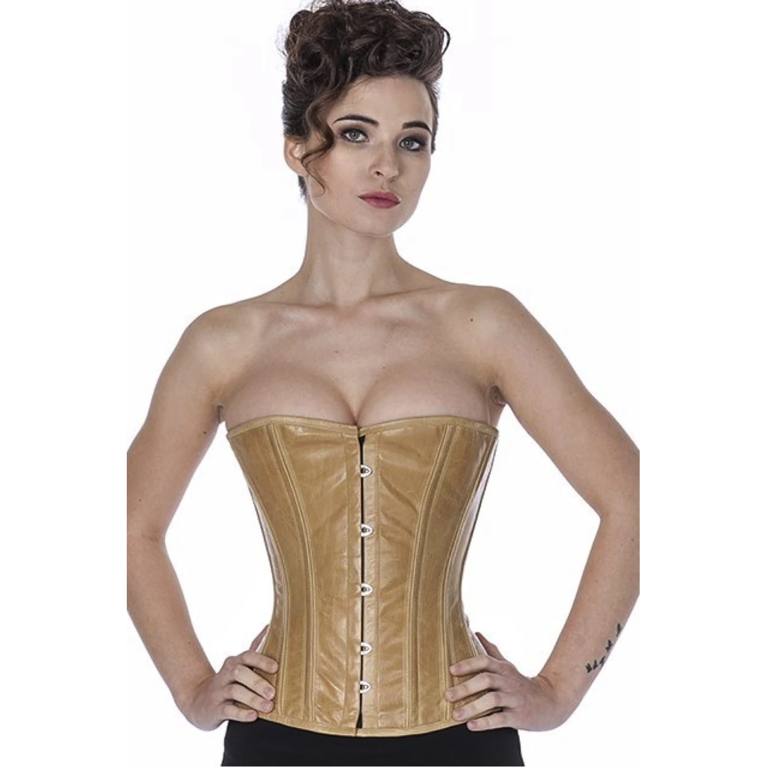 Korsett Leder Beige Halbbrust lh38 Modell trägt ein beiges Leder-Halbbrustkorsett Vorderansicht