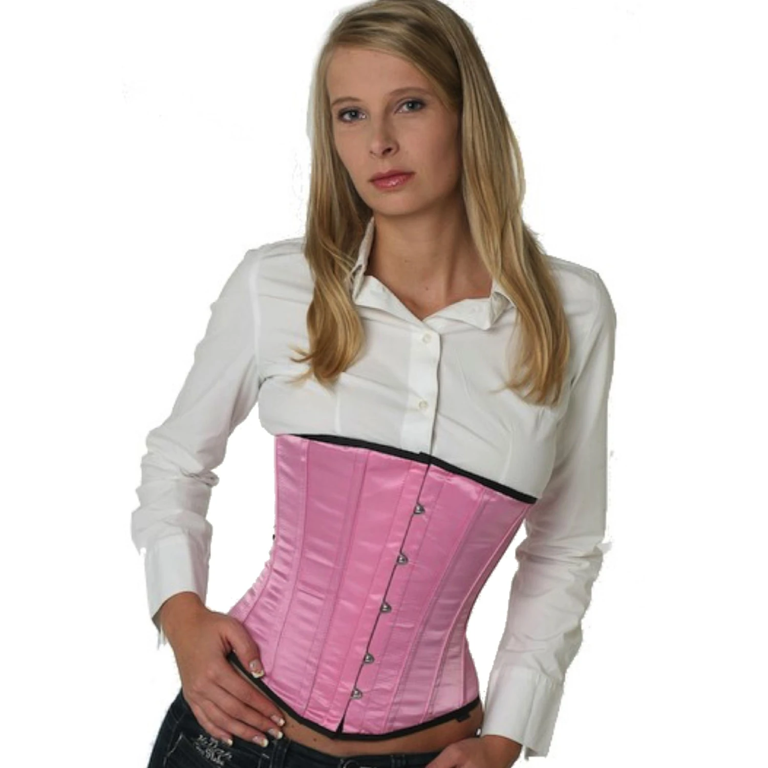 Modell trägt ein elegantes Satin-Unterbrustkorsett in pink mit Innenfutter aus Baumwolle