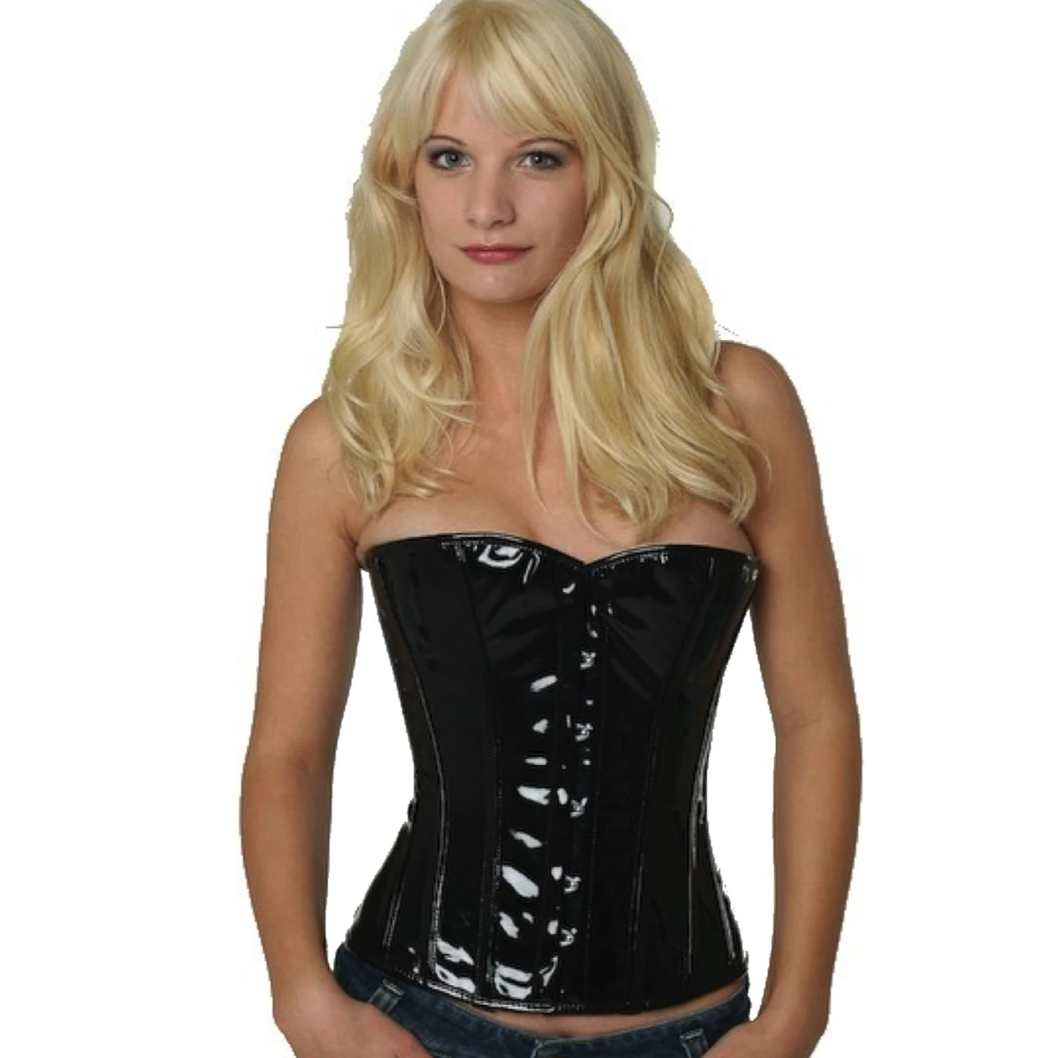 Korsett Schwarz Lack Halbbrust ph70 Modell trägt ein elegantes Lack-Halbbrustkorsett in schwarz mit Innenfutter aus Baumwolle