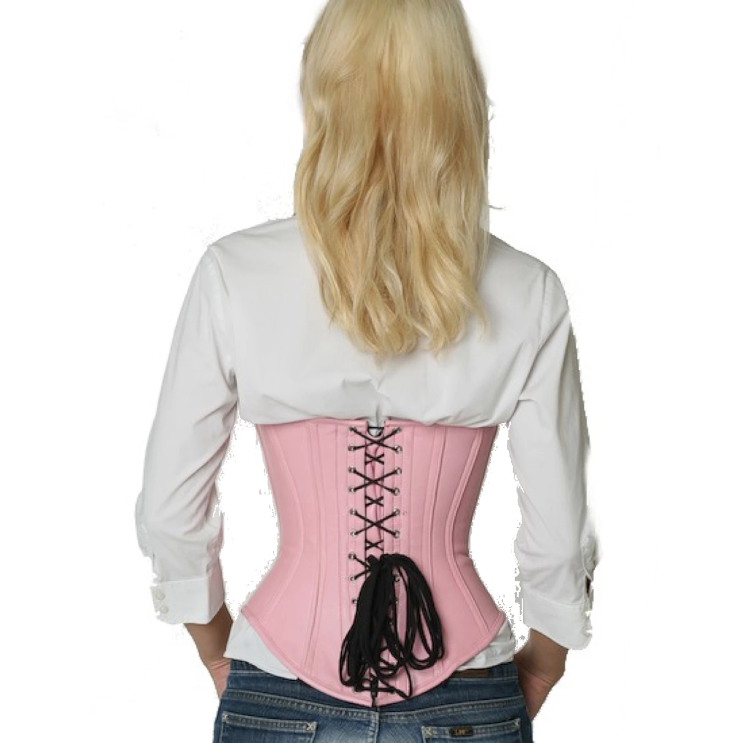 Korsett Unterbrust Rosa Leder lu22 Rückansicht Schnürkorsett Leder Unterbrust in pink am Modell mit Schnürung hinten