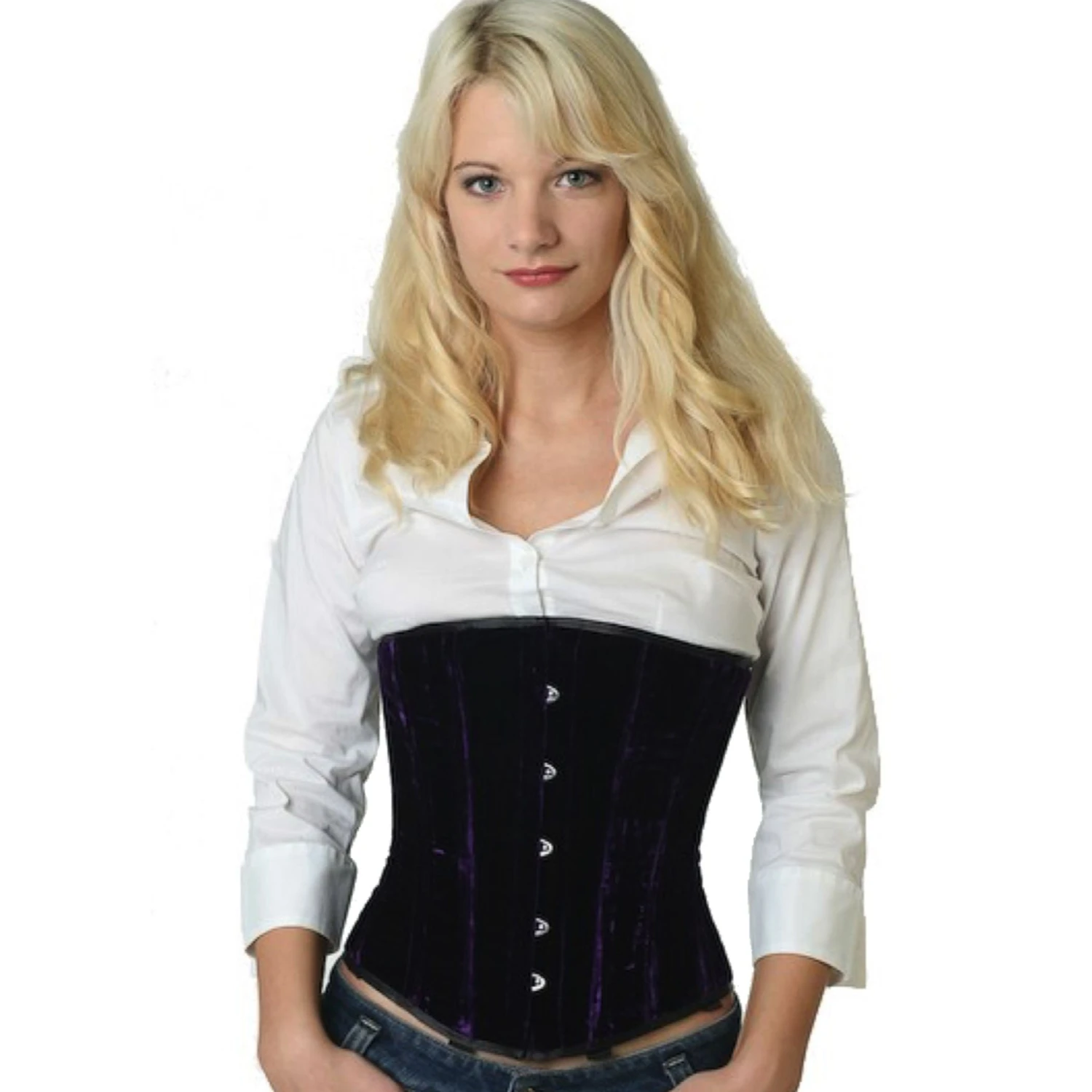 Korsett Unterbrust Violett Samt vu65 Modell trägt ein elegantes Samt-Unterbrustkorsett in violett mit Innenfutter aus Baumwolle