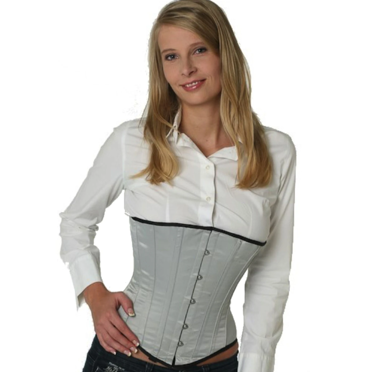 Korsett Unterbrust Satin Grau su01 Modell trägt ein elegantes Satin-Unterbrustkorsett in grau mit Innenfutter aus Baumwolle
