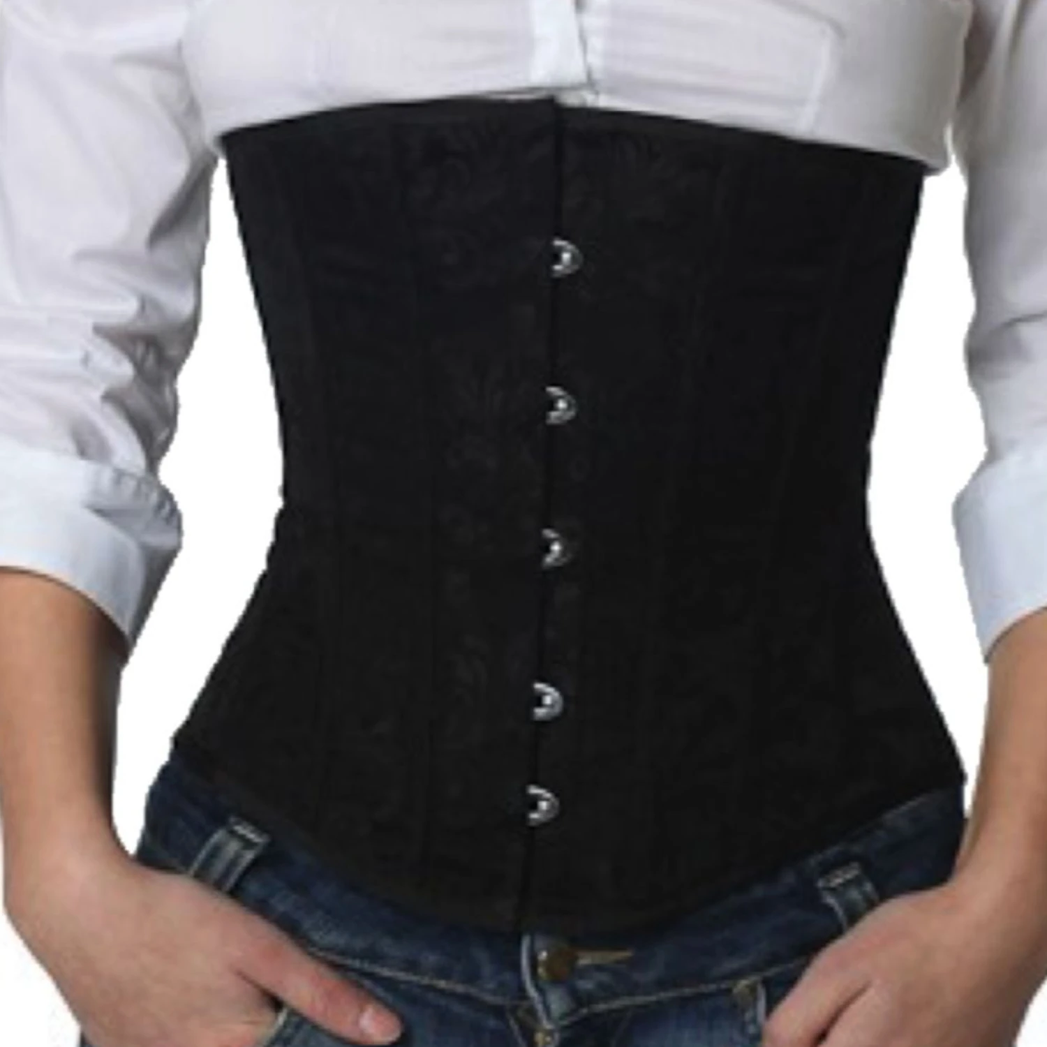 Korsett Unterbrust Schwarz Brokat ru80 Unterbrustkorsett aus Brokatstoff in schwarz – Echtes Schnürkorsett zur Taillenreduktion in den Größen XS bis 6XL oder als Maßanfertigung.