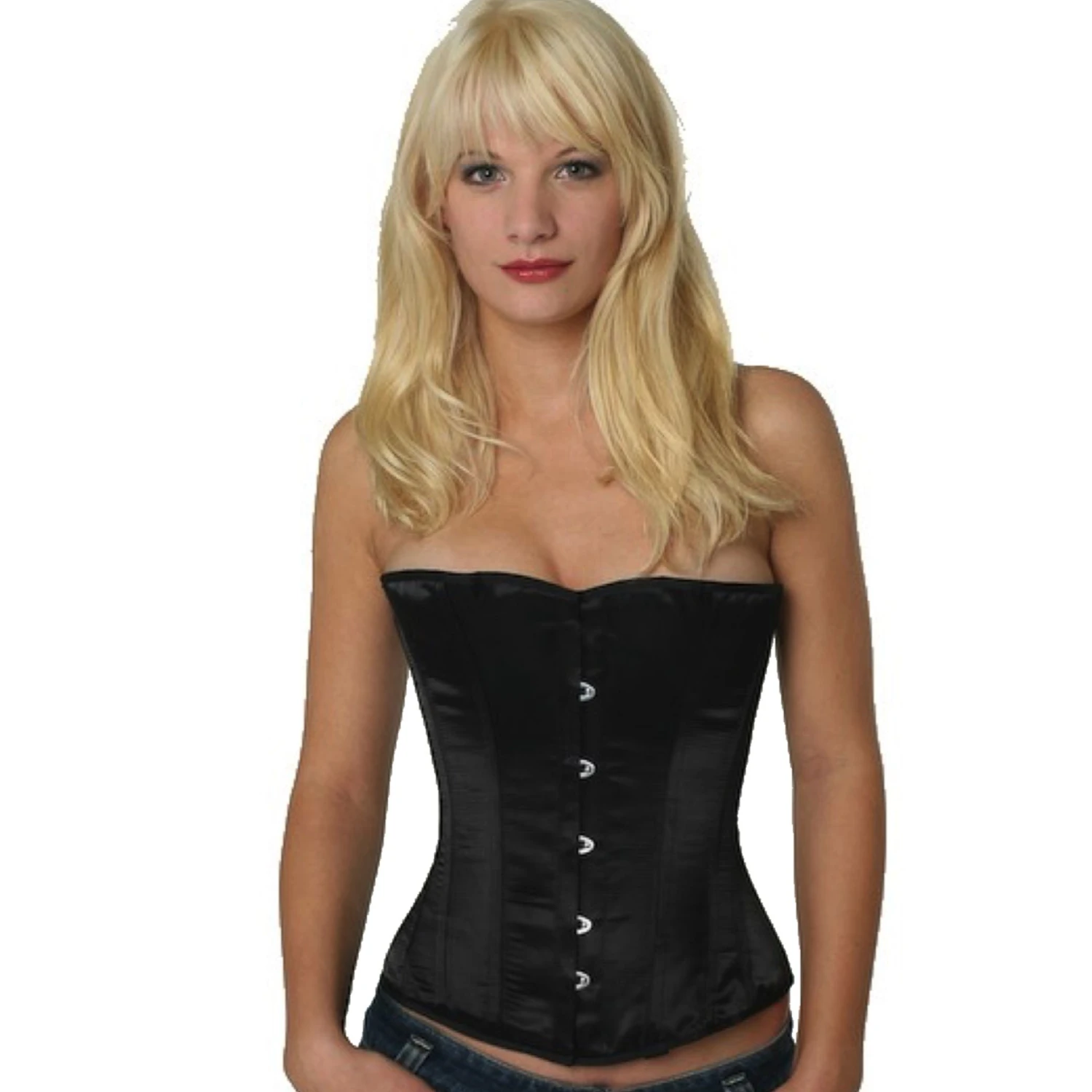 Modell trägt ein elegantes Satin-Halbbrustkorsett in schwarz mit Innenfutter aus Baumwolle