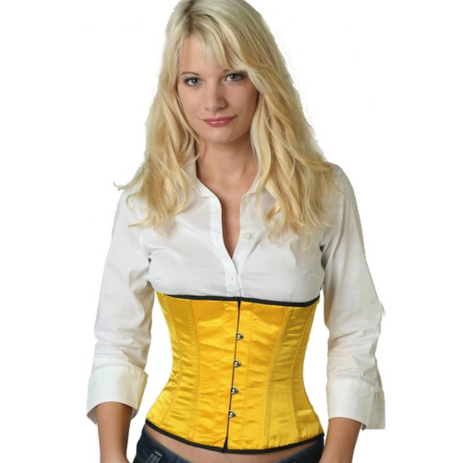Korsett Satin Gelb Mango Taillen sw13 Modell trägt ein kurzes Satin-Taillenkorsett in gelb mit Innenfutter aus Baumwolle