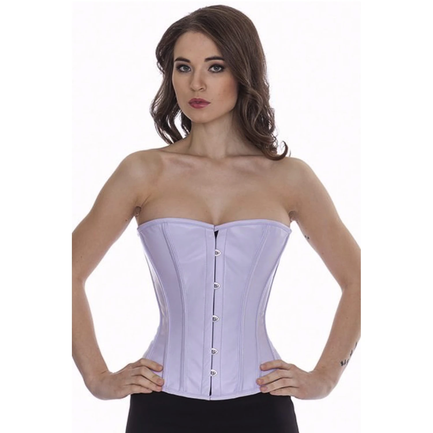 Korsett Hell Violett Halbbrust Leder lh39 Modell trägt ein hellviolettes Leder-Halbbrustkorsett Vorderansicht