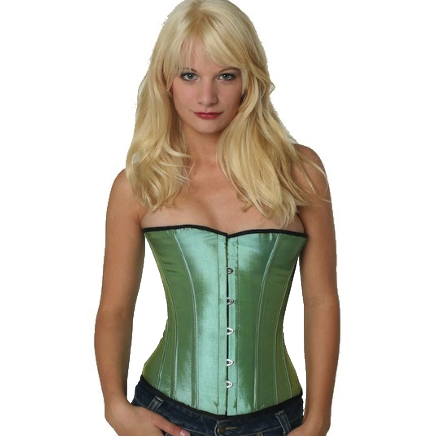 Korsett Satin Grün Hellgrün Halbbrust sh15 Modell trägt ein elegantes Satin-Halbbrustkorsett in hellgrün mit Innenfutter aus Baumwolle