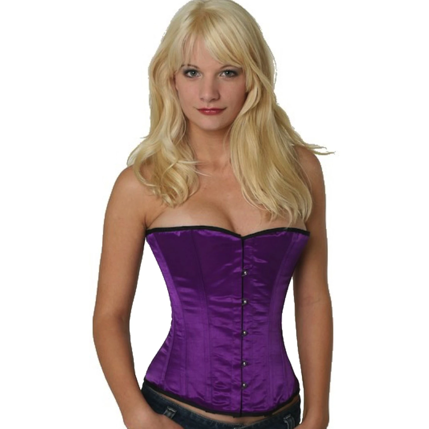 Korsett Violett Satin Halbbrust sh09 Modell trägt ein elegantes Satin-Halbbrustkorsett in violett mit Innenfutter aus Baumwolle