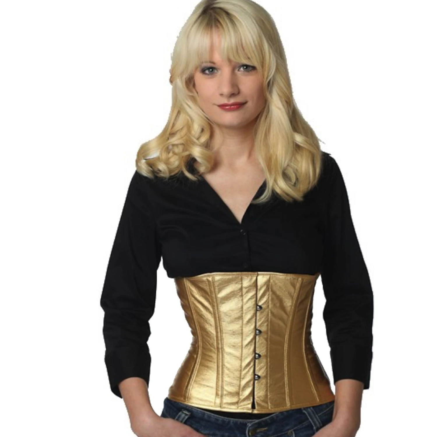 Korsett Lack Gold Taillen pw75 Modell trägt ein kurzes Lack-Taillenkorsett in gold mit Innenfutter aus Baumwolle