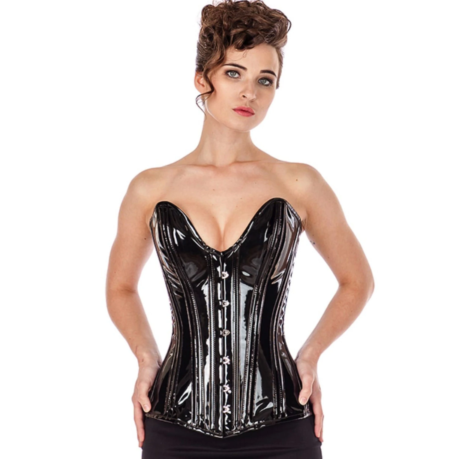 Korsett Vollbrust tiefer Ausschnitt Lack Schwarz pl70 Modell zeigt die Vorderansicht eines eleganten Lack-Vollbrustkorsetts in Schwarz mit tiefem Ausschnitt und Baumwollfutter