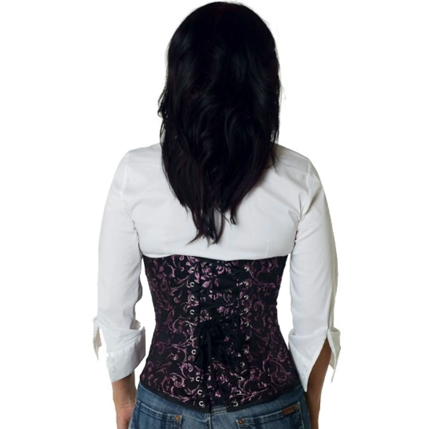 Korsett Unterbrust Pink Brokat ru86 Rückansicht des Brokat-Schnürkorsetts in rosa am Modell mit klassischer Schnürung hinten für eine Taillenreduktion um bis zu 10 cm.