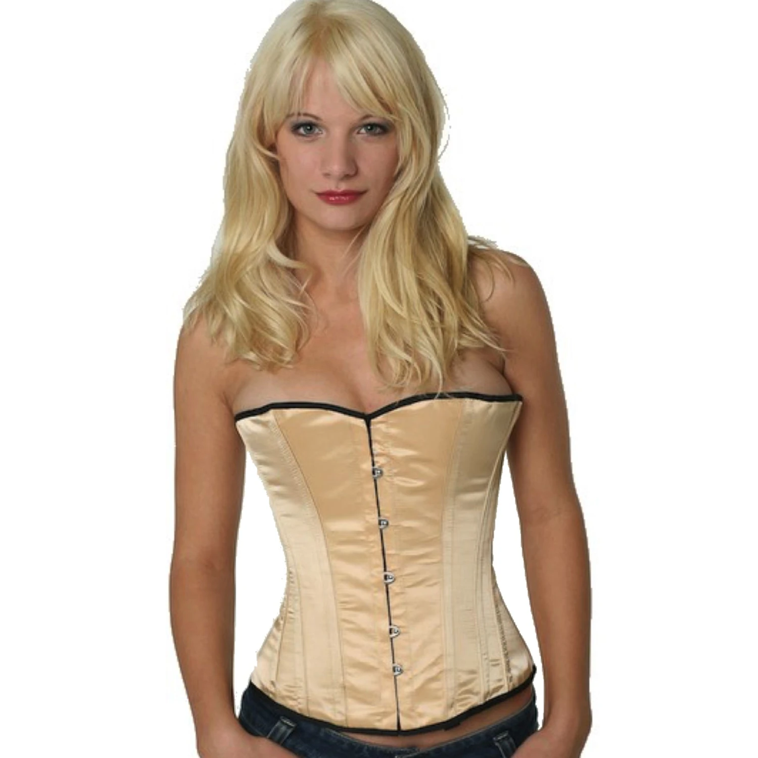 Korsett Beige Satin Halbbrust sh11 Modell trägt ein elegantes Satin-Halbbrustkorsett in beige mit Innenfutter aus Baumwolle