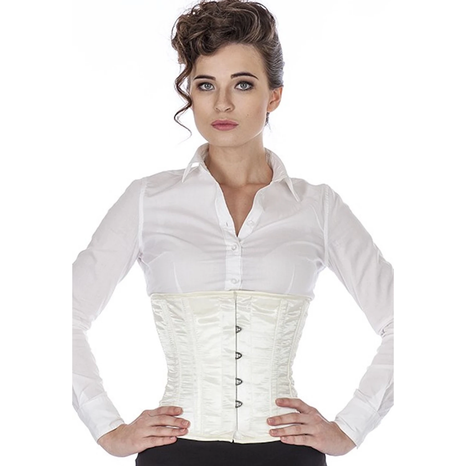 Korsett Ivory Satin Taillen sw19 Modell trägt ein kurzes Satin-Taillenkorsett in ivory mit Innenfutter aus Baumwolle