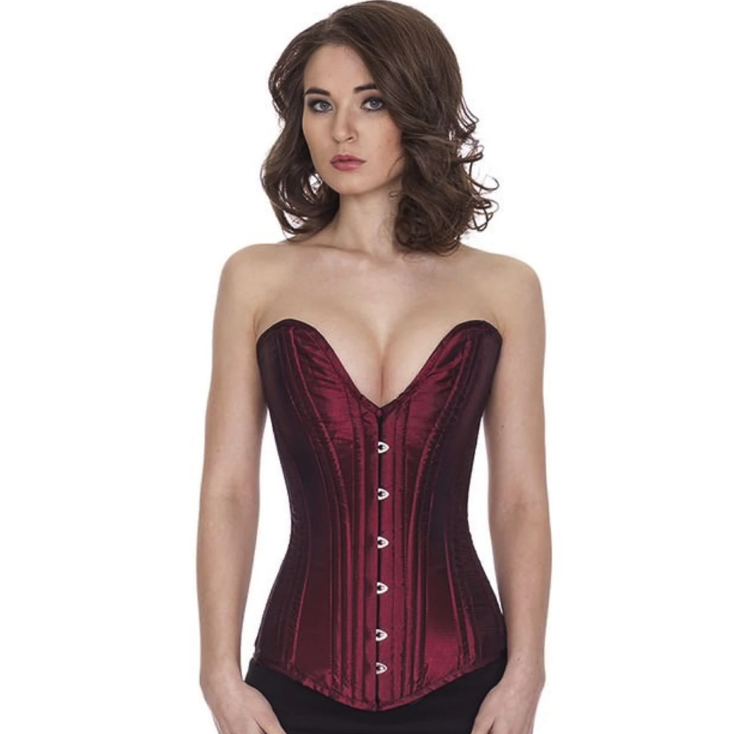 Korsett Vollbrust tiefer Ausschnitt Satin Rot Weinrot sl05 Modell trägt ein elegantes Satin-Vollbrustkorsett Plunge in dunkelrot mit Innenfutter aus Baumwolle
