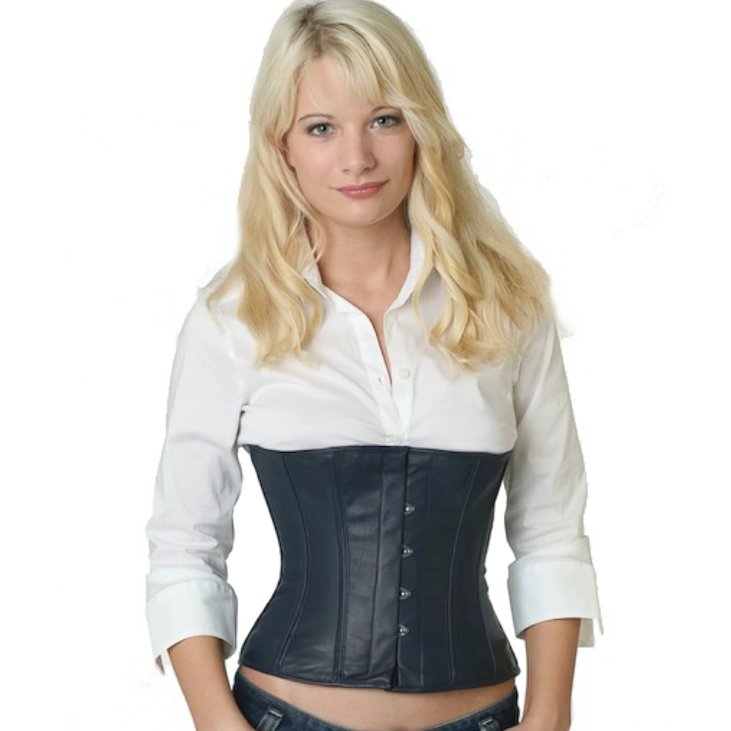 Korsett Taillen Leder Blau lw29 Modell trägt das Taillenkorsett-Lederkorsett in blau in der Vorderansicht für eine Taillenreduktion um bis zu 10cm.