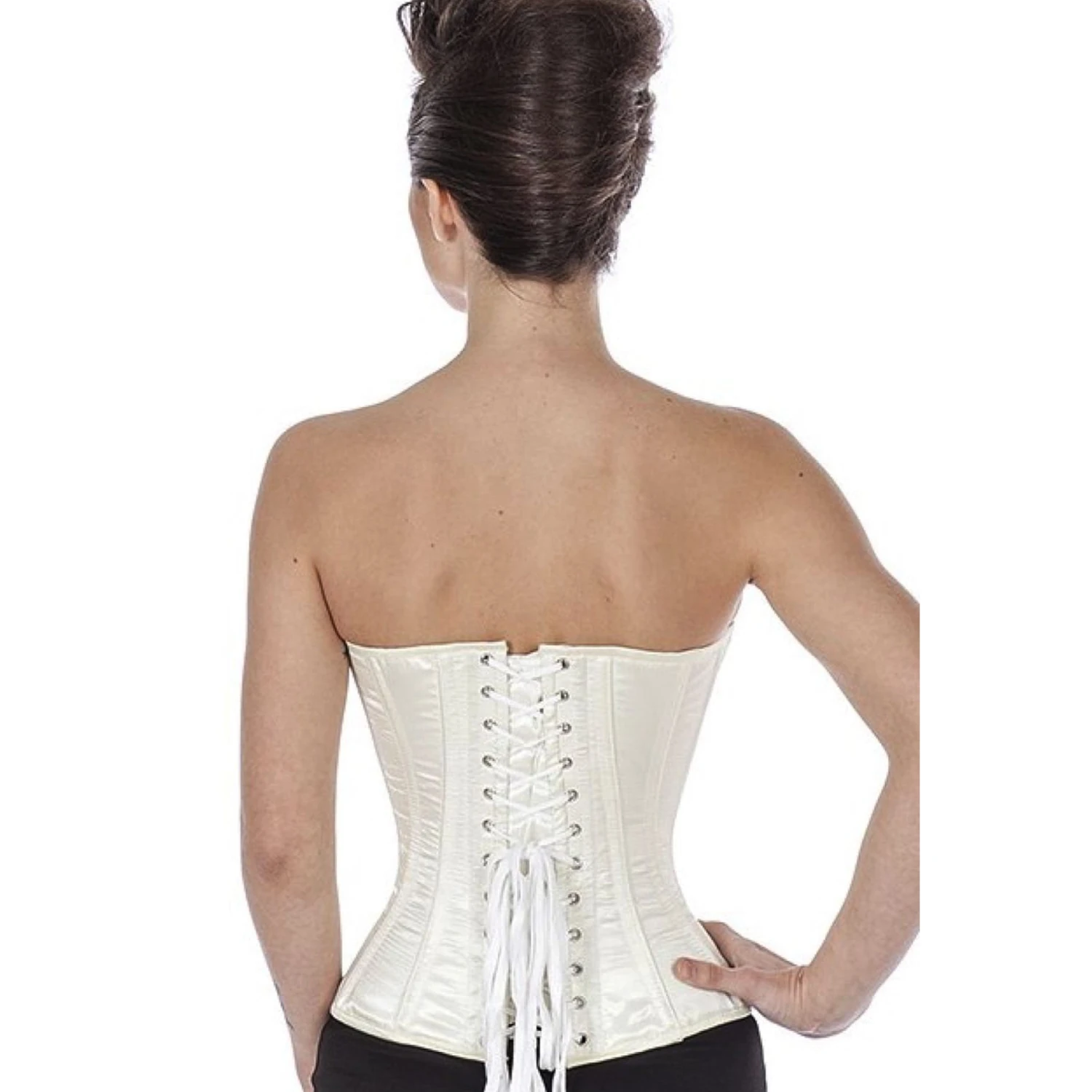 Korsett Satin Ivory Halbbrust sh19 Rückansicht eines Modells im echten Satin-Schnürkorsett als Halbbrustkorsett in ivory mit Rückenschnürung