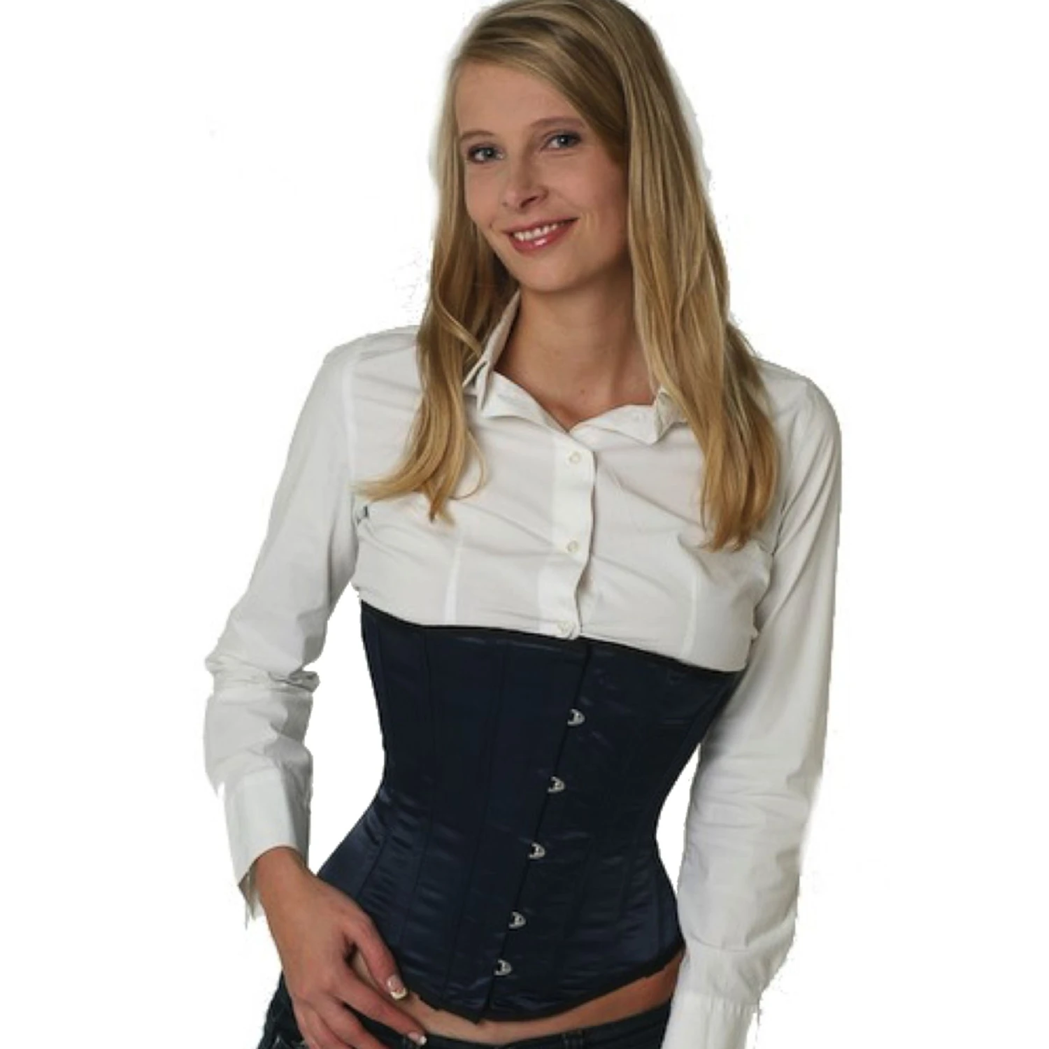 Korsett Unterbrust Blau Marine Satin su07 Modell trägt ein elegantes Satin-Unterbrustkorsett in dunkelblau mit Innenfutter aus Baumwolle