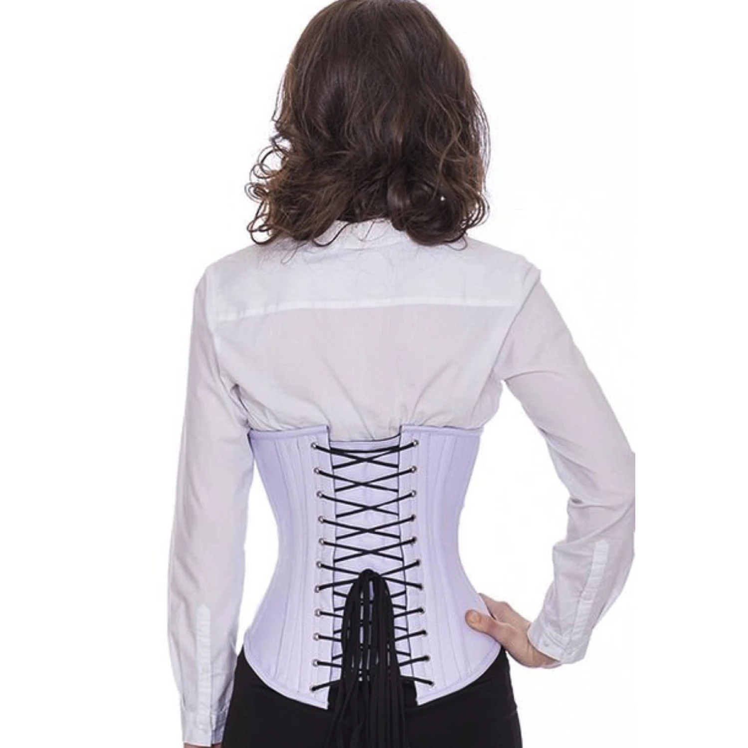 Korsett Hell Violett Leder Unterbrust lu39 Rückansicht Schnürkorsett Leder Unterbrust in hellviolett am Modell mit Schnürung hinten
