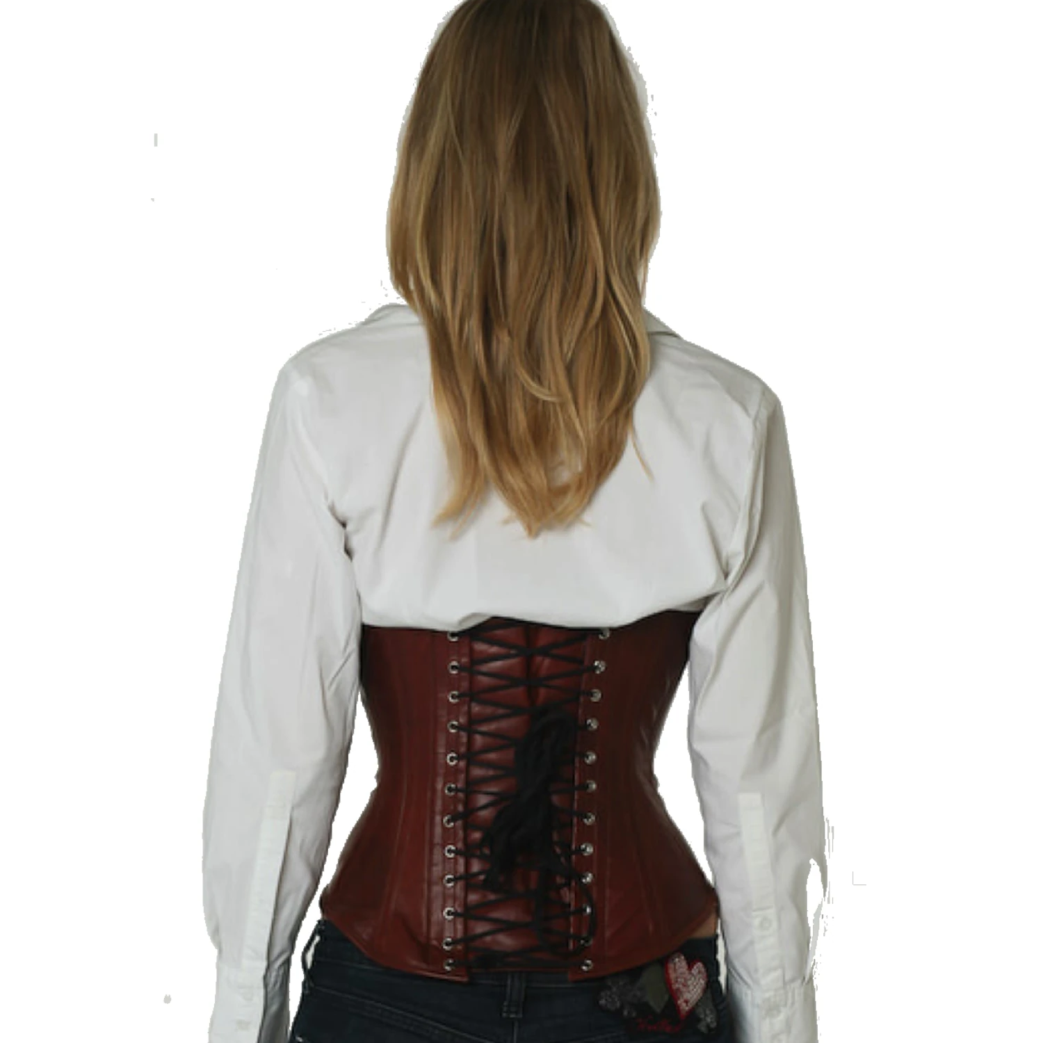 Korsett Unterbrust Leder Braun Hellbraun lu27 Rückansicht Schnürkorsett Leder Unterbrust in hellbraun am Modell mit Schnürung hinten