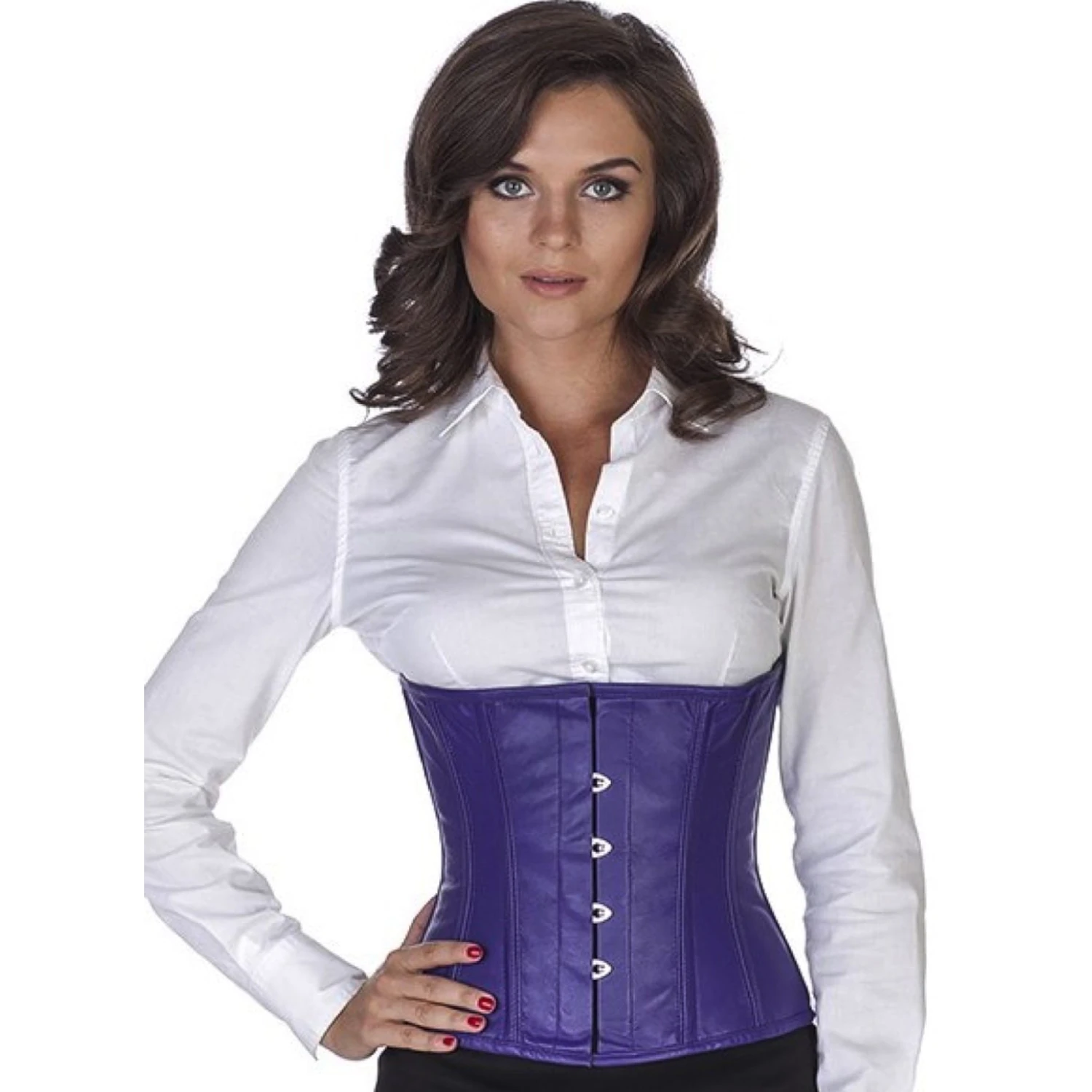 Modell trägt das Taillenkorsett-Lederkorsett in violett in der Vorderansicht für eine Taillenreduktion um bis zu 10cm.