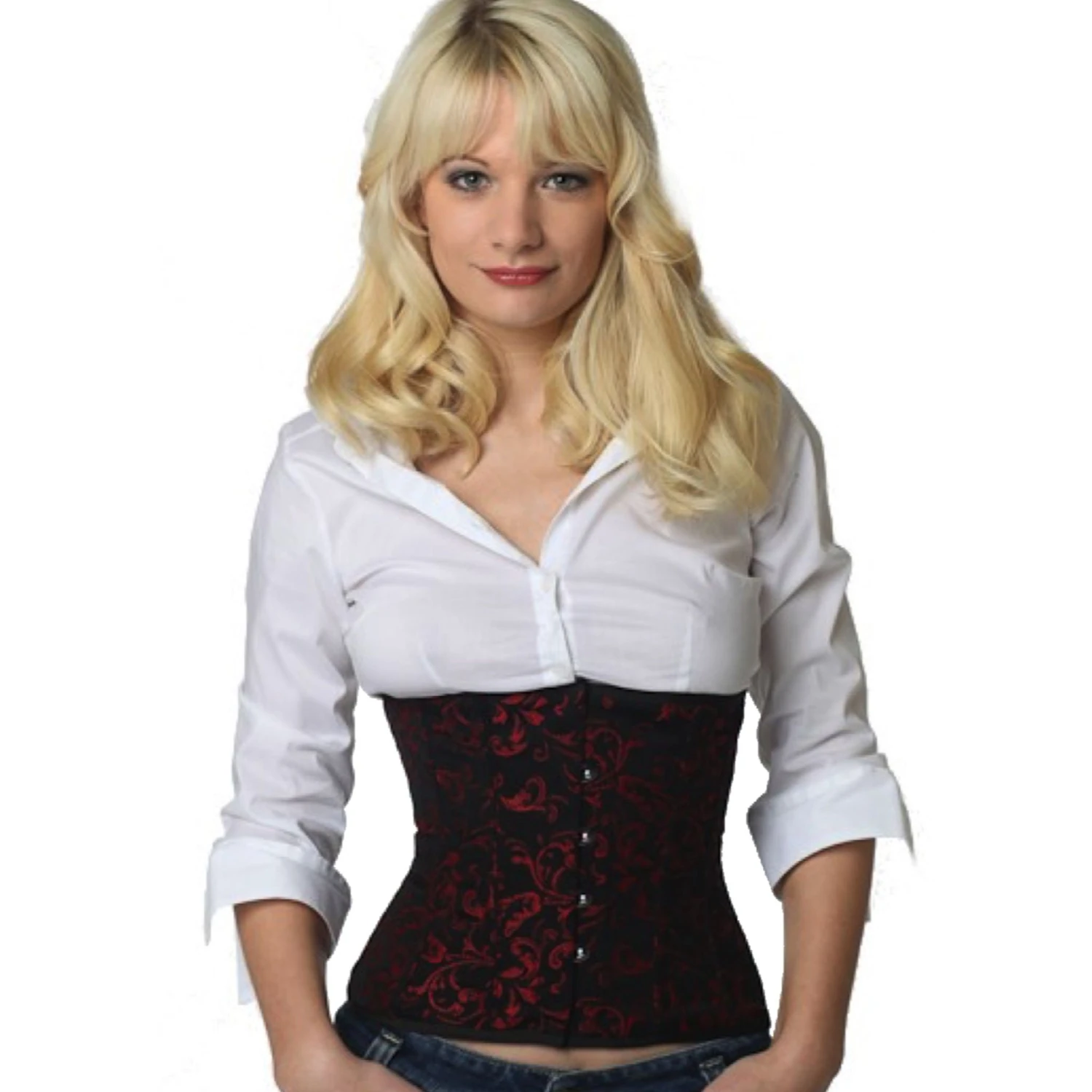 Korsett Taillen Brokat Rot rw81 Modell trägt ein kurzes Brokat-Taillenkorsett in rot mit Innenfutter aus Baumwolle