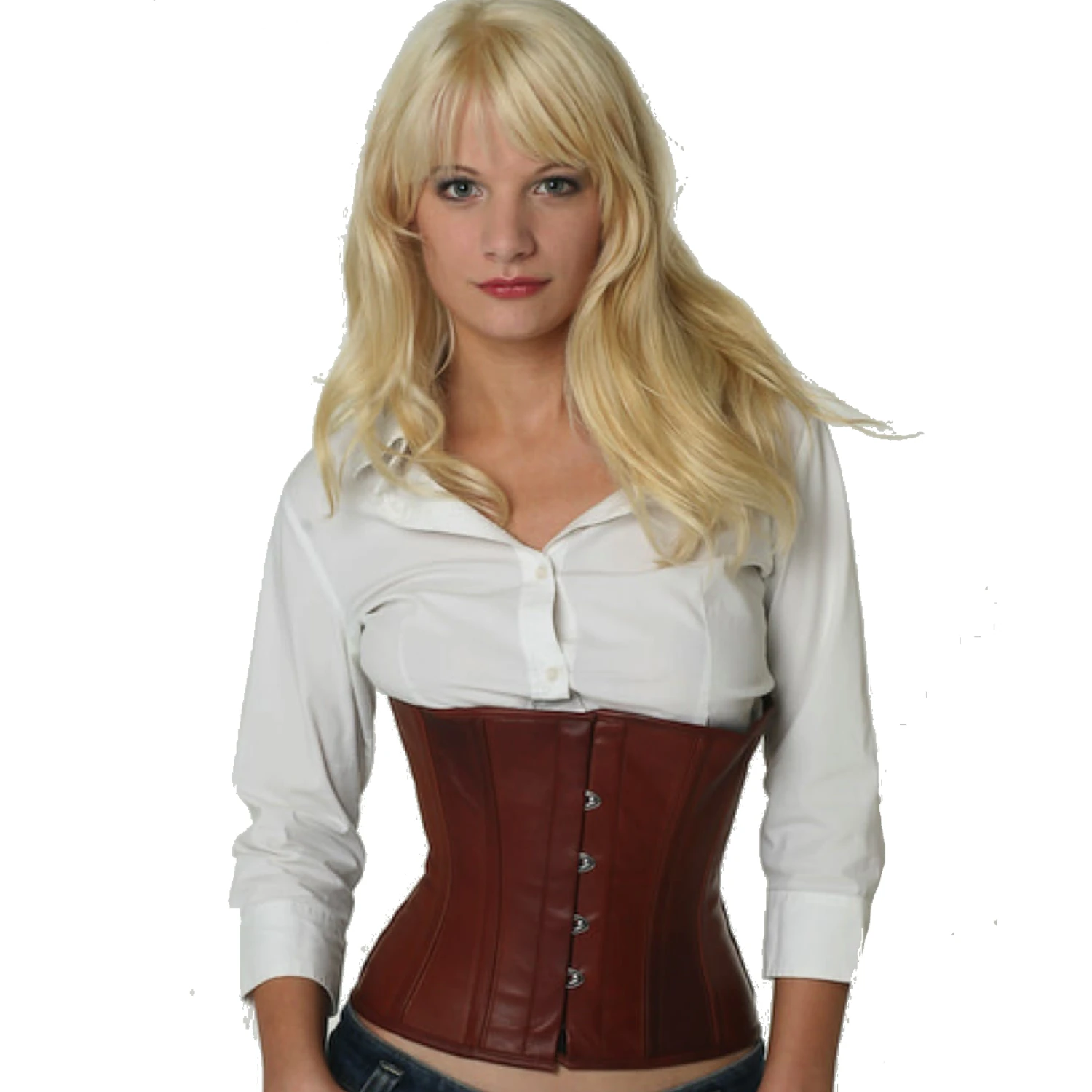 Modell trägt das Taillenkorsett-Lederkorsett in hellbraun in der Vorderansicht für eine Taillenreduktion um bis zu 10cm.