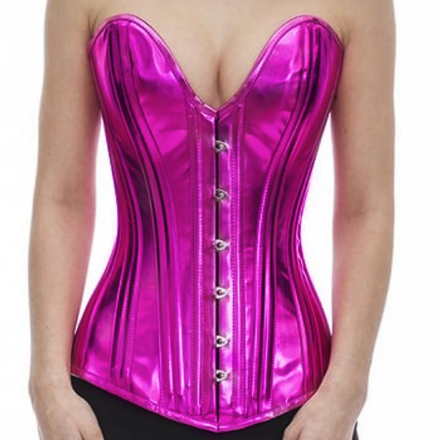 Korsett Pink Glitter Lack Vollbrust tiefer Ausschnitt plg7 Echtes Vollbrustkorsett aus glänzendem Lackstoff in Pink Glitter mit tiefem Plunge-Ausschnitt zur Taillenreduktion