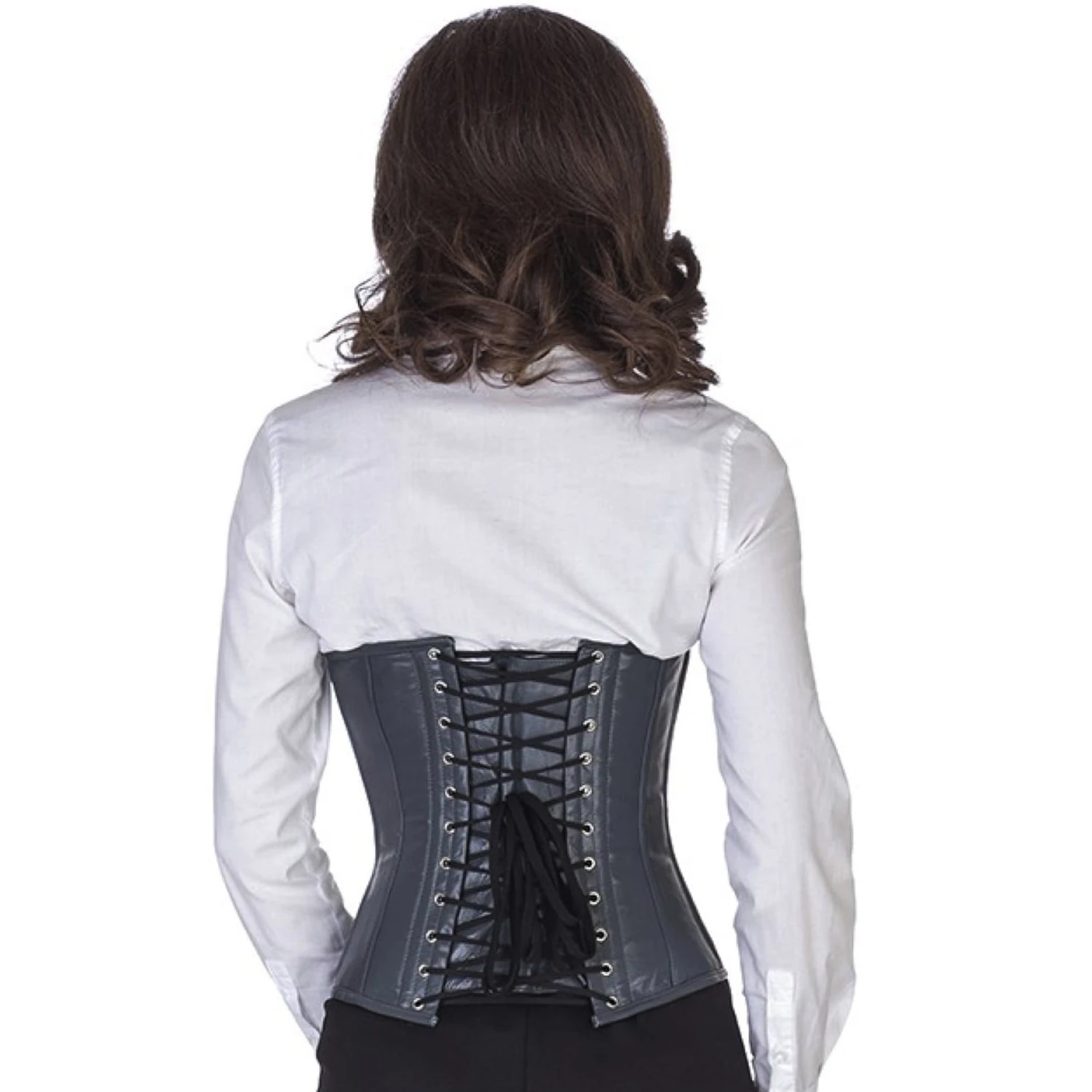 Korsett Taillen Leder Grau lw34 Rückansicht am Modell für das Lederkorsett Taillenkorsett in grau mit klassischer Schnürung hinten und 10 Edelstahl-Korsettstangen.