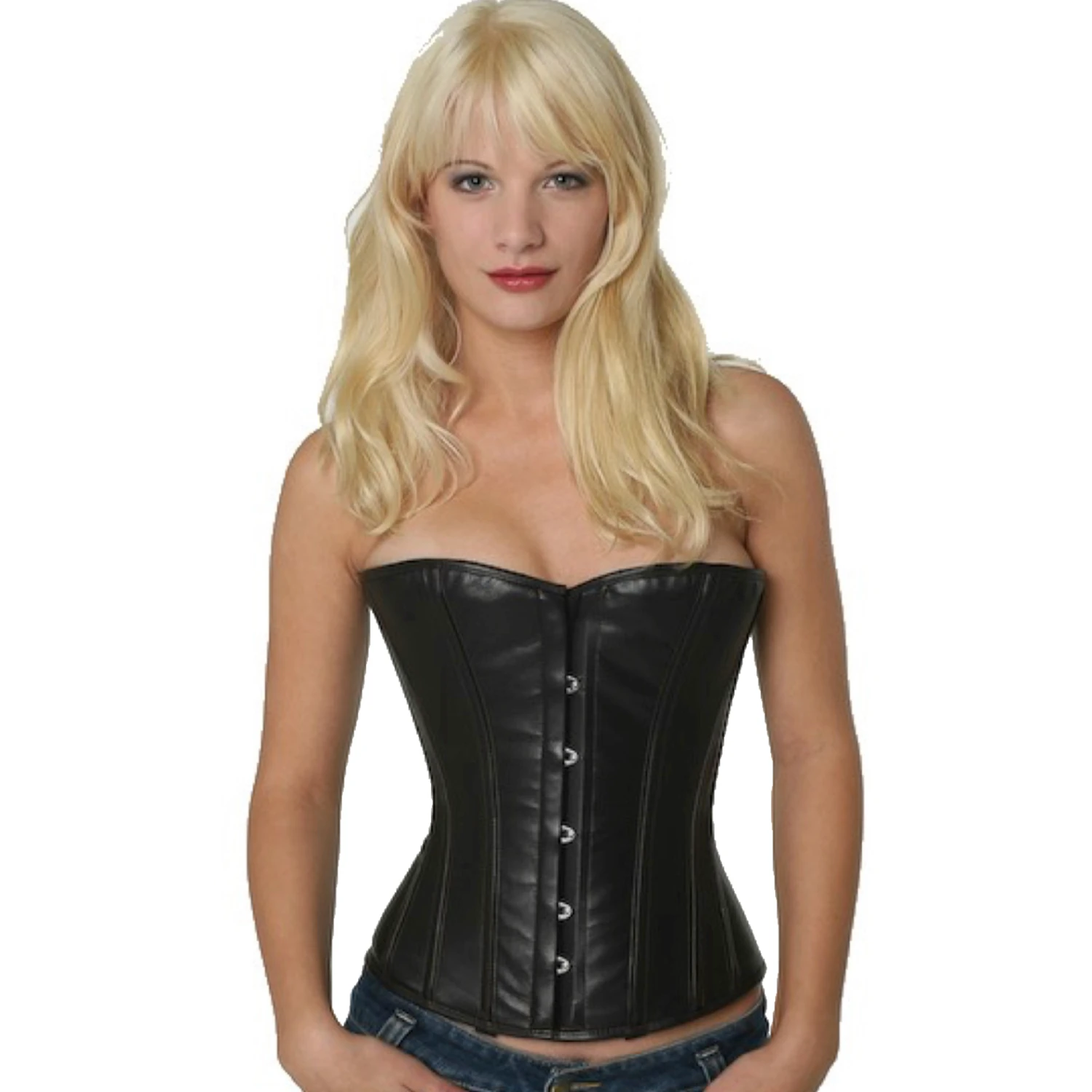 Korsett Leder Schwarz Halbbrust lh20 Modell trägt ein schwarzes Leder-Halbbrustkorsett Vorderansicht