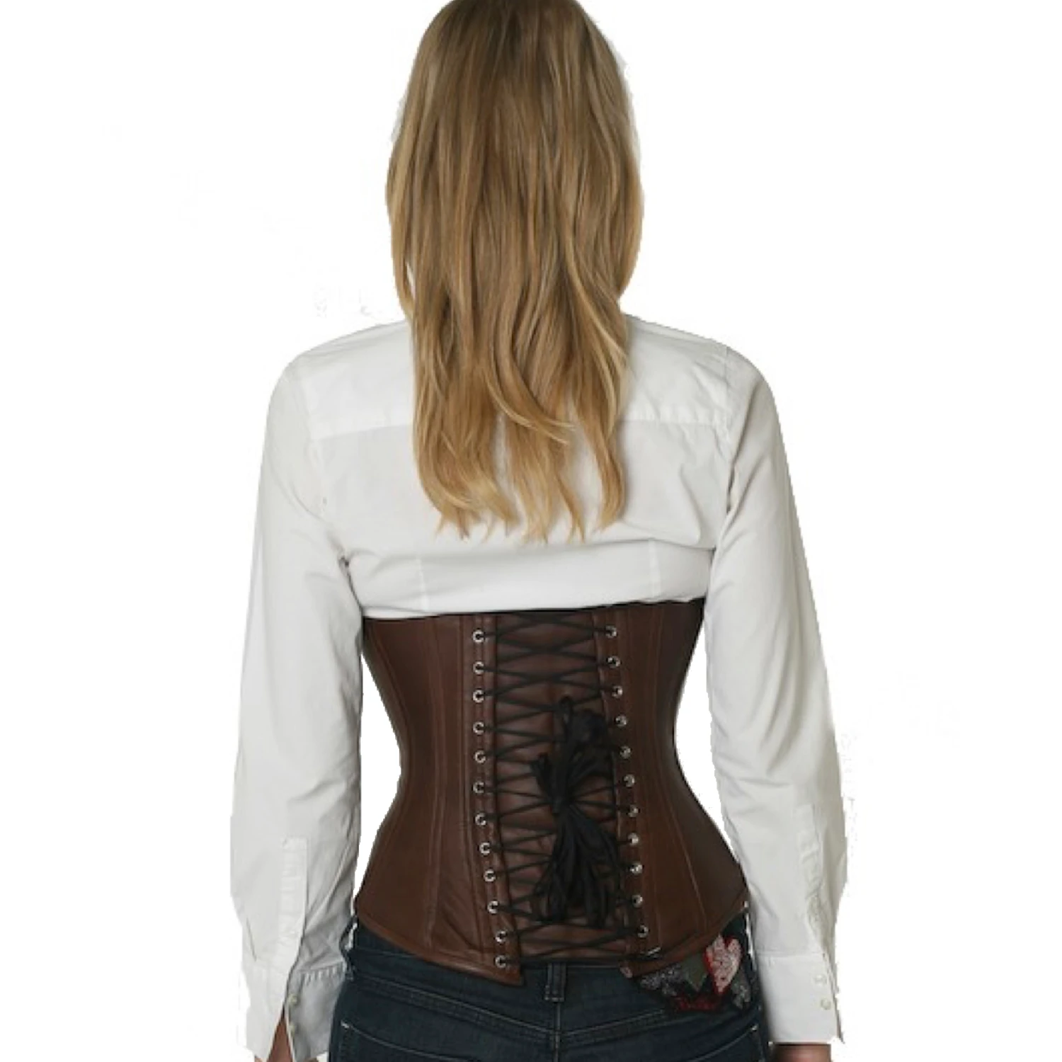 Korsett Unterbrust Leder Braun lu26 Rückansicht Schnürkorsett Leder Unterbrust in braun am Modell mit Schnürung hinten