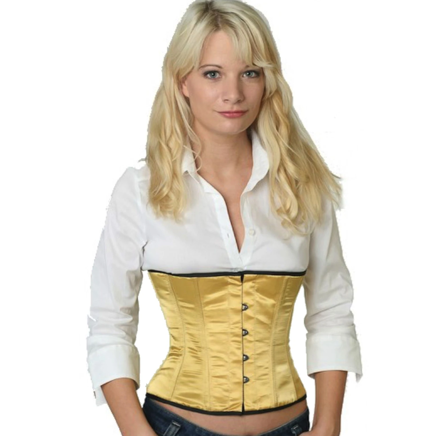 Korsett Taillen Satin Gold sw12 Modell trägt ein kurzes Satin-Taillenkorsett in gold mit Innenfutter aus Baumwolle