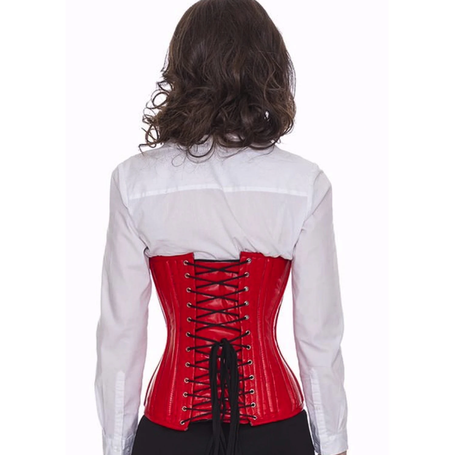 Korsett Unterbrust mit Schnallen Leder Rot lc23 Rückansicht des Modells im roten Schnürkorsett aus Leder mit Rückenschnürung