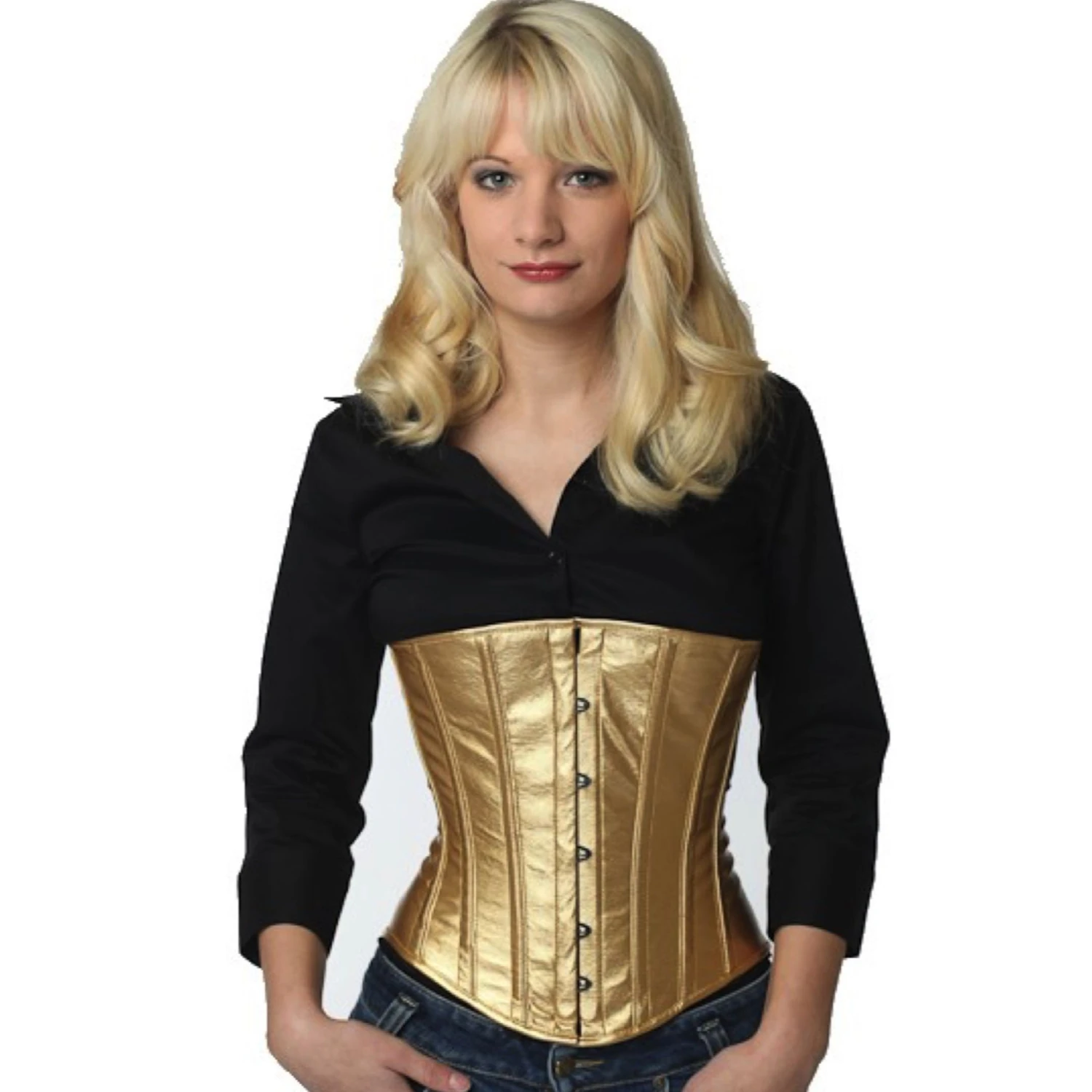 Korsett Gold Unterbrust Lack pu75 Modell trägt ein klassisches Lack-Unterbrustkorsett in gold mit Innenfutter aus Baumwolle