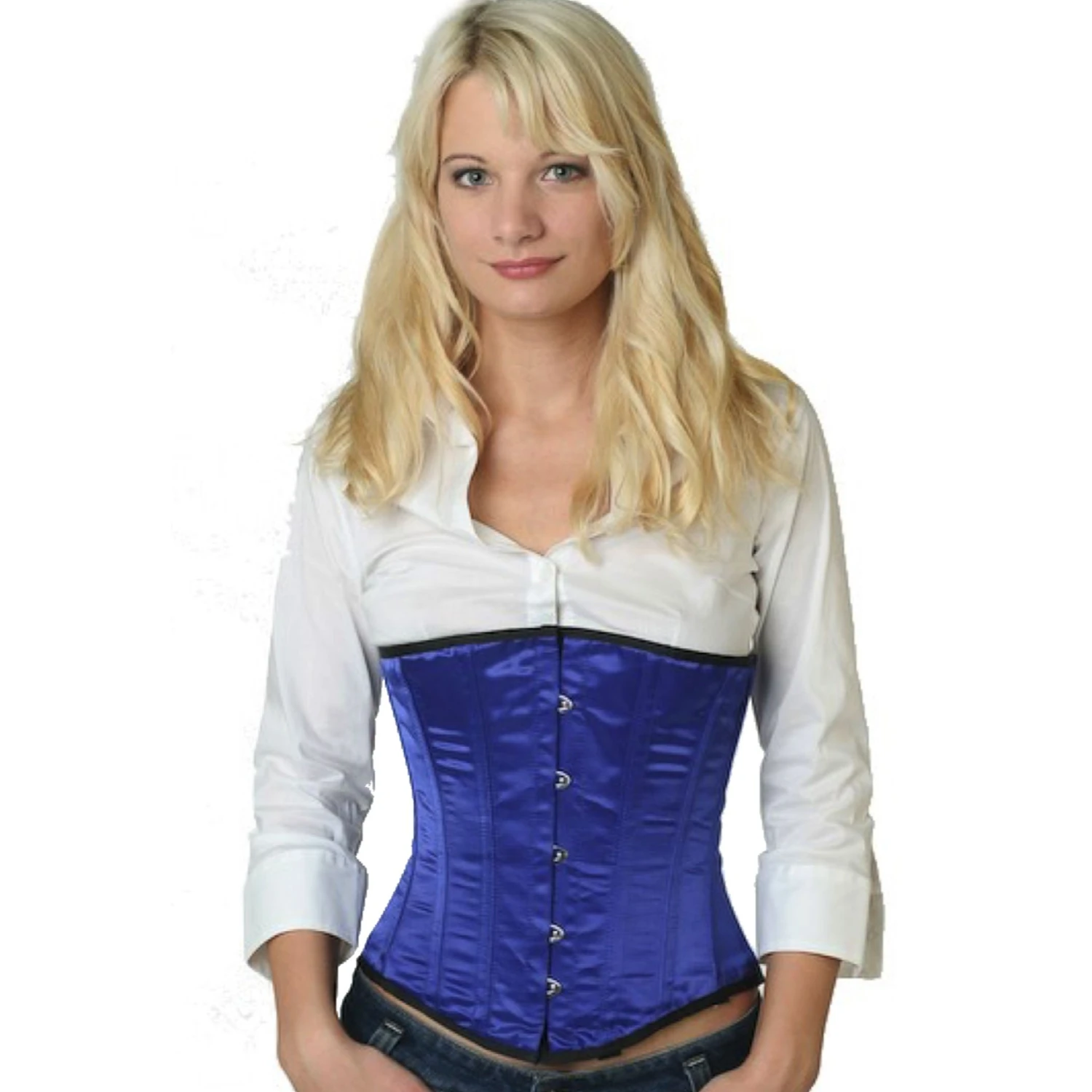 Korsett Unterbrust Blau Satin su08 Modell trägt ein elegantes Satin-Unterbrustkorsett in blau mit Innenfutter aus Baumwolle