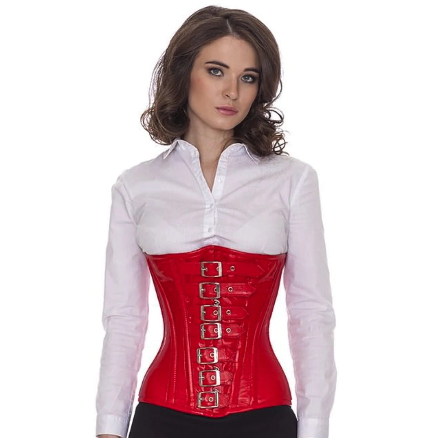 Korsett Unterbrust mit Schnallen Leder Rot lc23 Modell trägt ein rotes Leder-Unterbrustkorsett mit Schnallen Vorderansicht