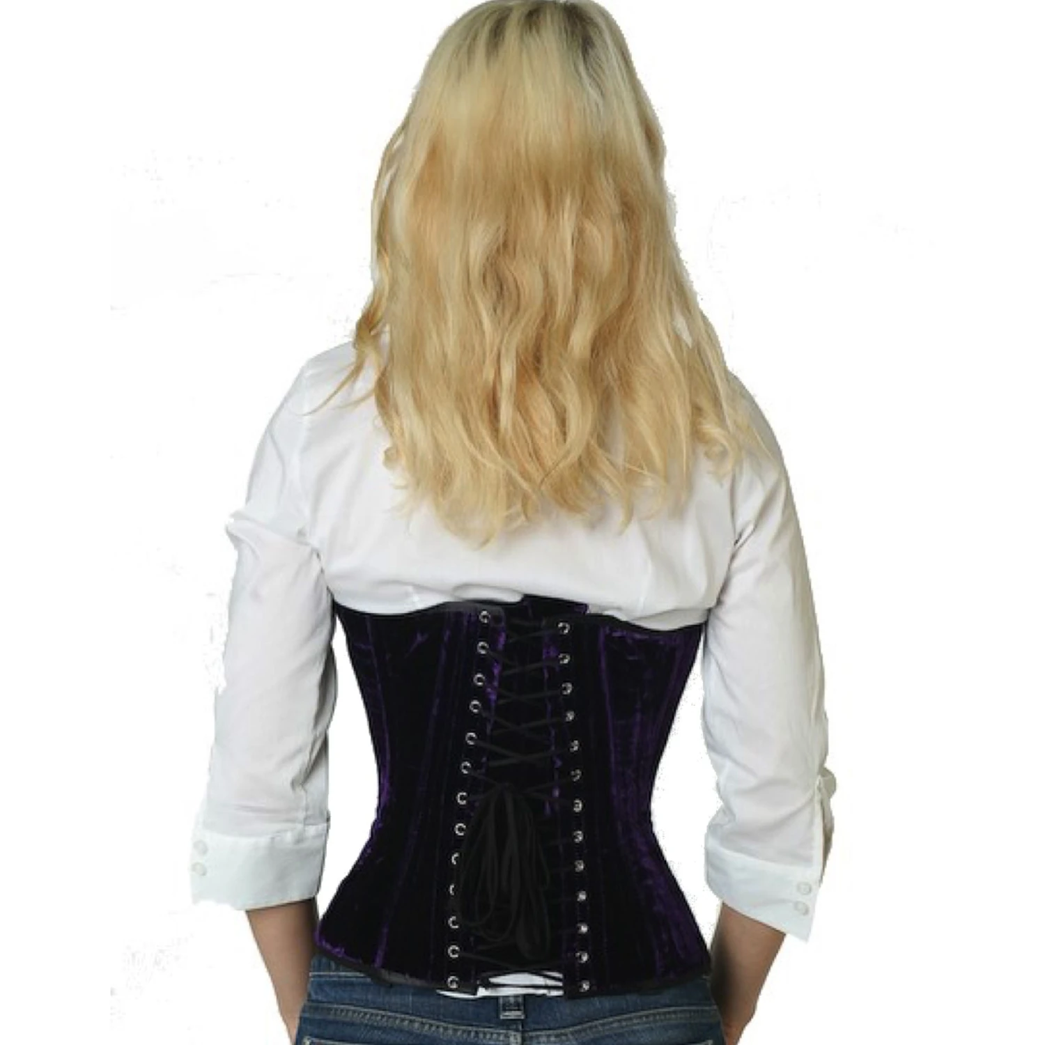Korsett Samt Violett Halbbrust vh65 Rückansicht eines Modells im echten Samt-Schnürkorsett als Halbbrustkorsett in violett mit Rückenschnürung