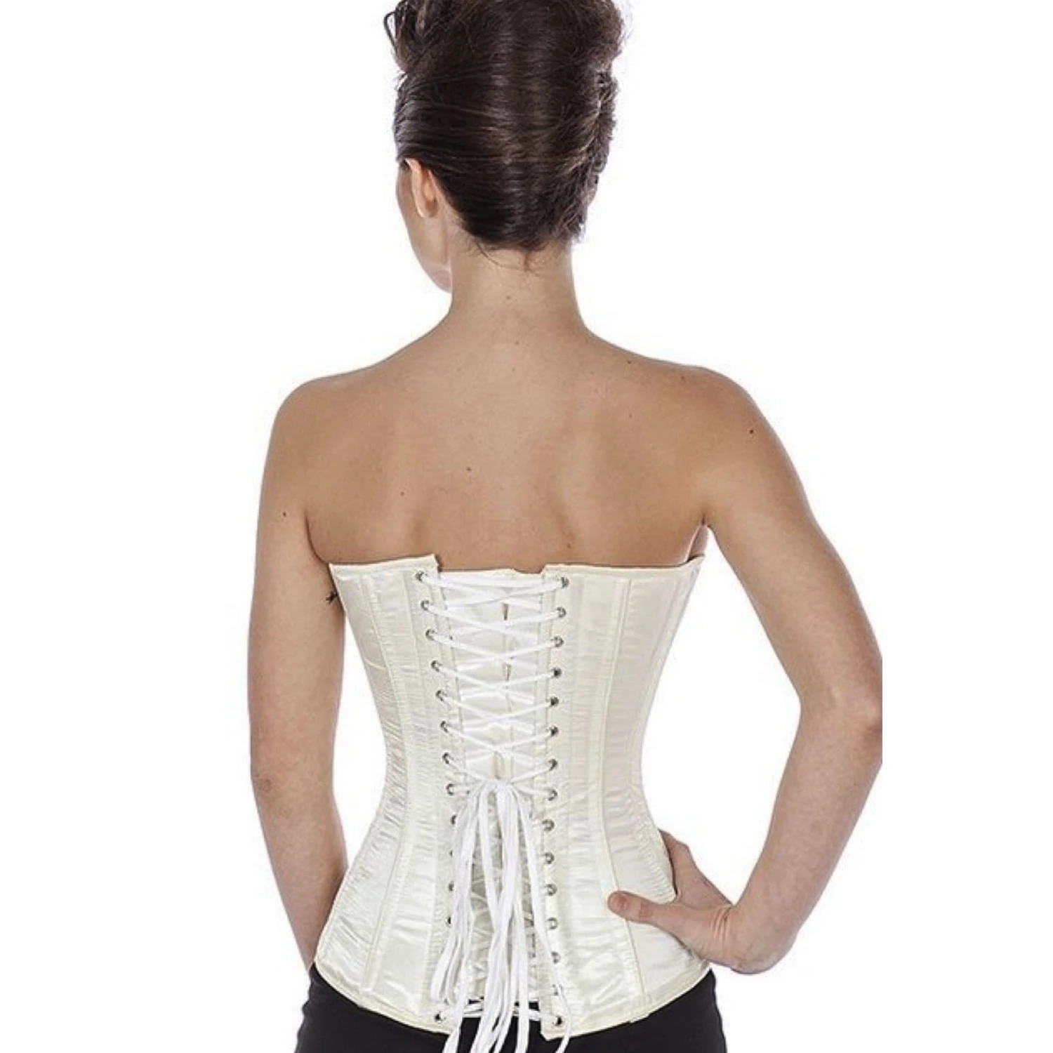 Korsett Ivory Vollbrust Satin sy19 Rückansicht eines Modells im echten Satin-Schnürkorsett als Vollbrustkorsett in ivory mit Rückenschnürung