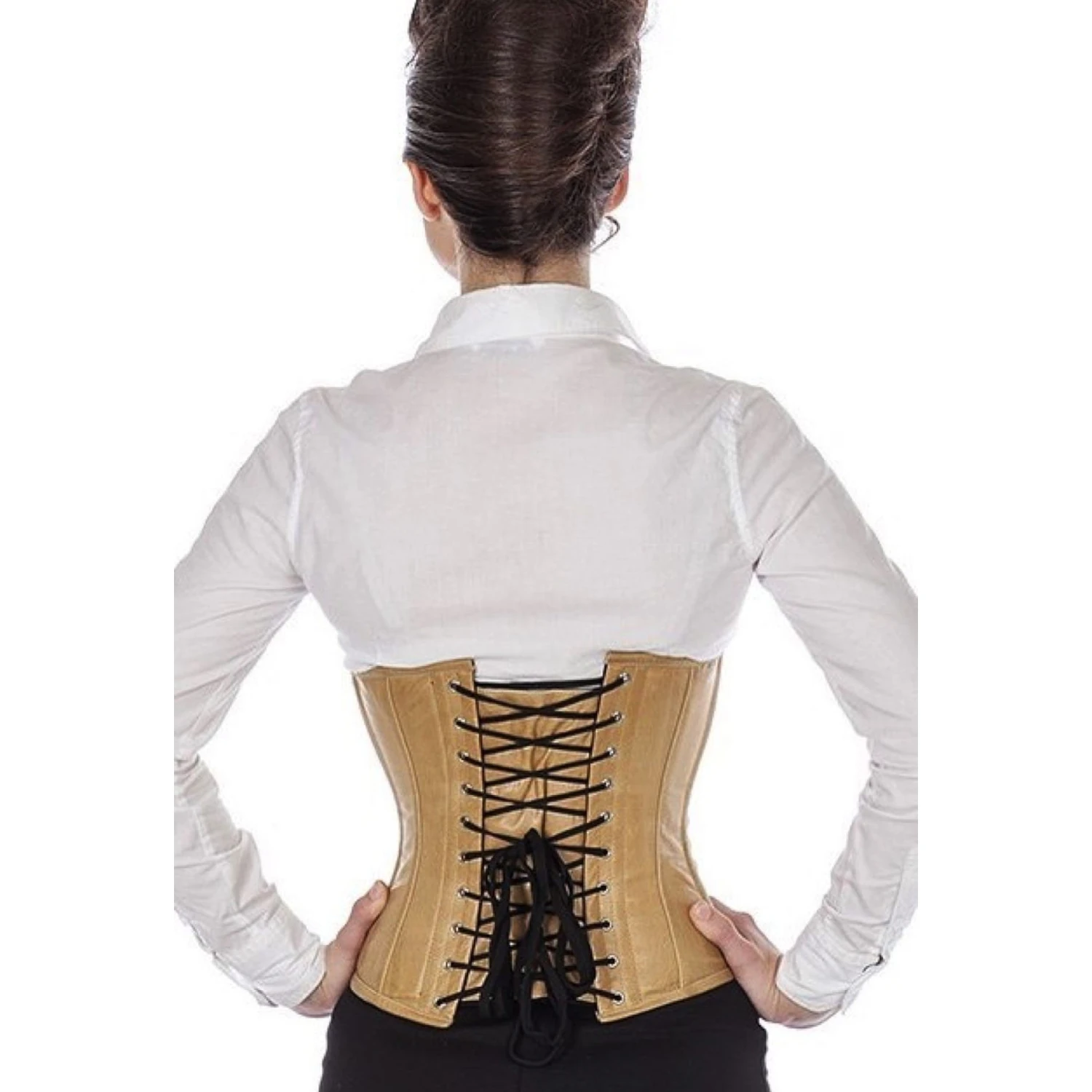 Korsett Beige Leder Taillen lw38 Rückansicht am Modell für das Lederkorsett Taillenkorsett in beige mit klassischer Schnürung hinten und 10 Edelstahl-Korsettstangen.