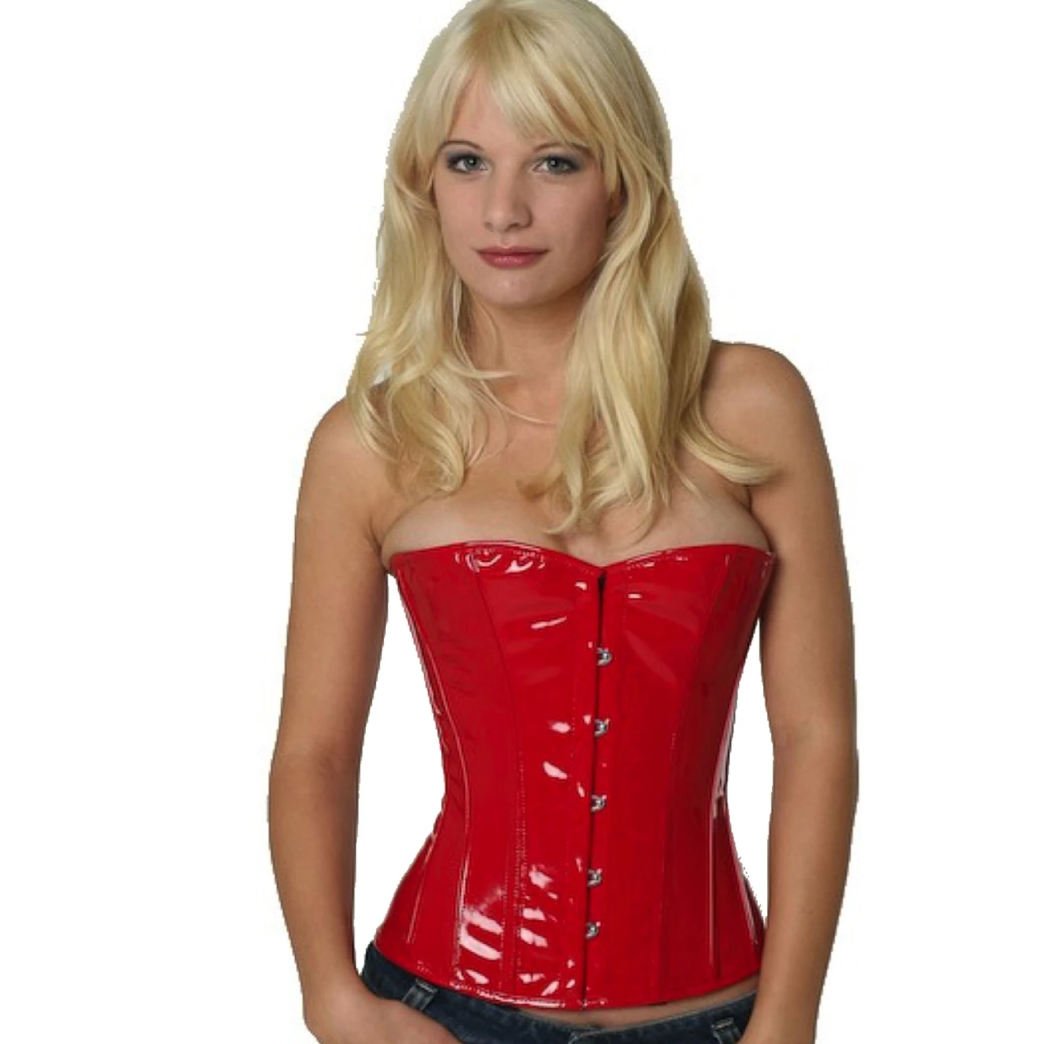 Korsett Lack Rot Halbbrust ph71 Modell trägt ein elegantes Lack-Halbbrustkorsett in rot mit Innenfutter aus Baumwolle