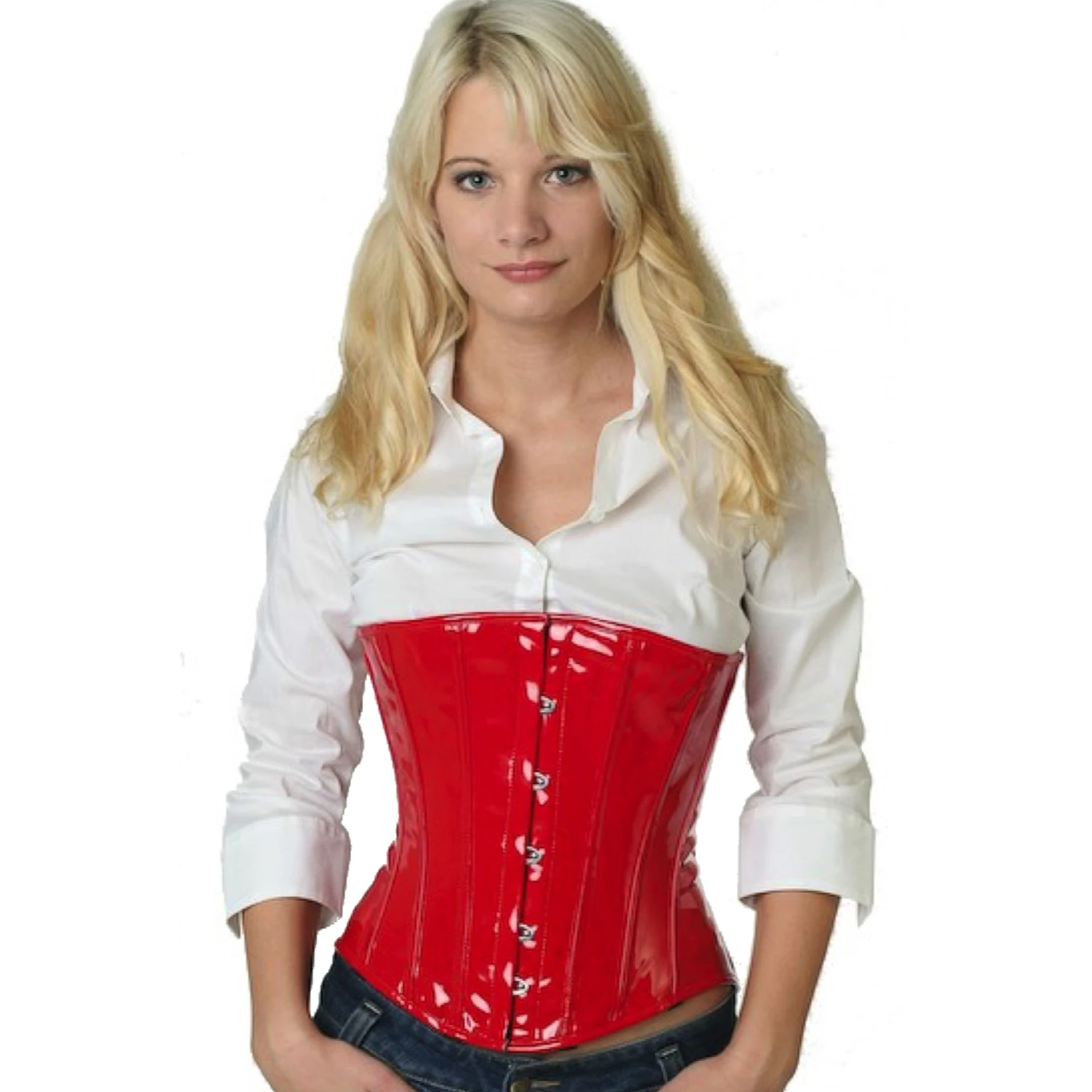 Korsett Unterbrust Lack Rot pu71 Modell trägt ein klassisches Lack-Unterbrustkorsett in rot mit Innenfutter aus Baumwolle