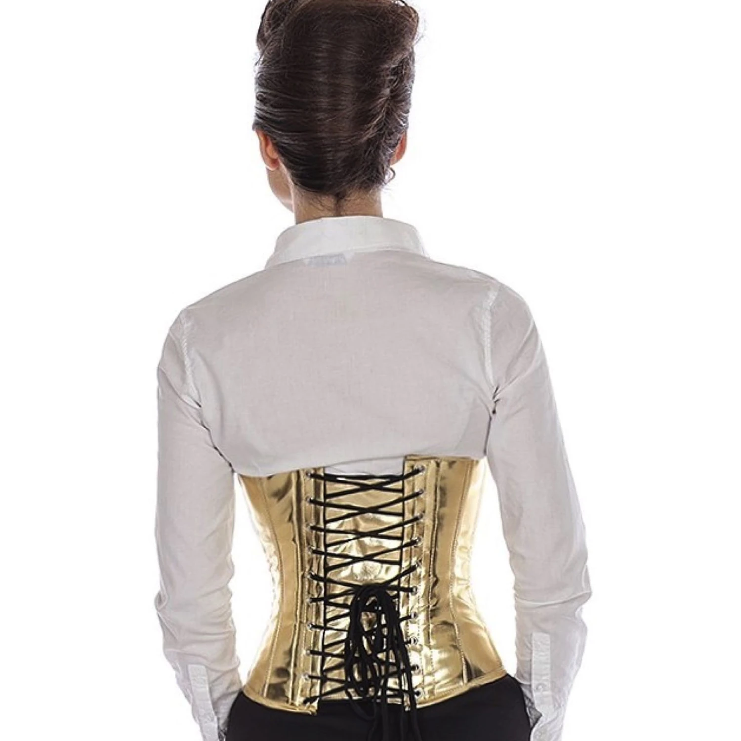 Korsett Taillen Lack Gold Glitter pwG5 Rückansicht eines Modells im echten Lack-Schnürkorsett als Taillenkorsett in gold glitter mit Rückenschnürung