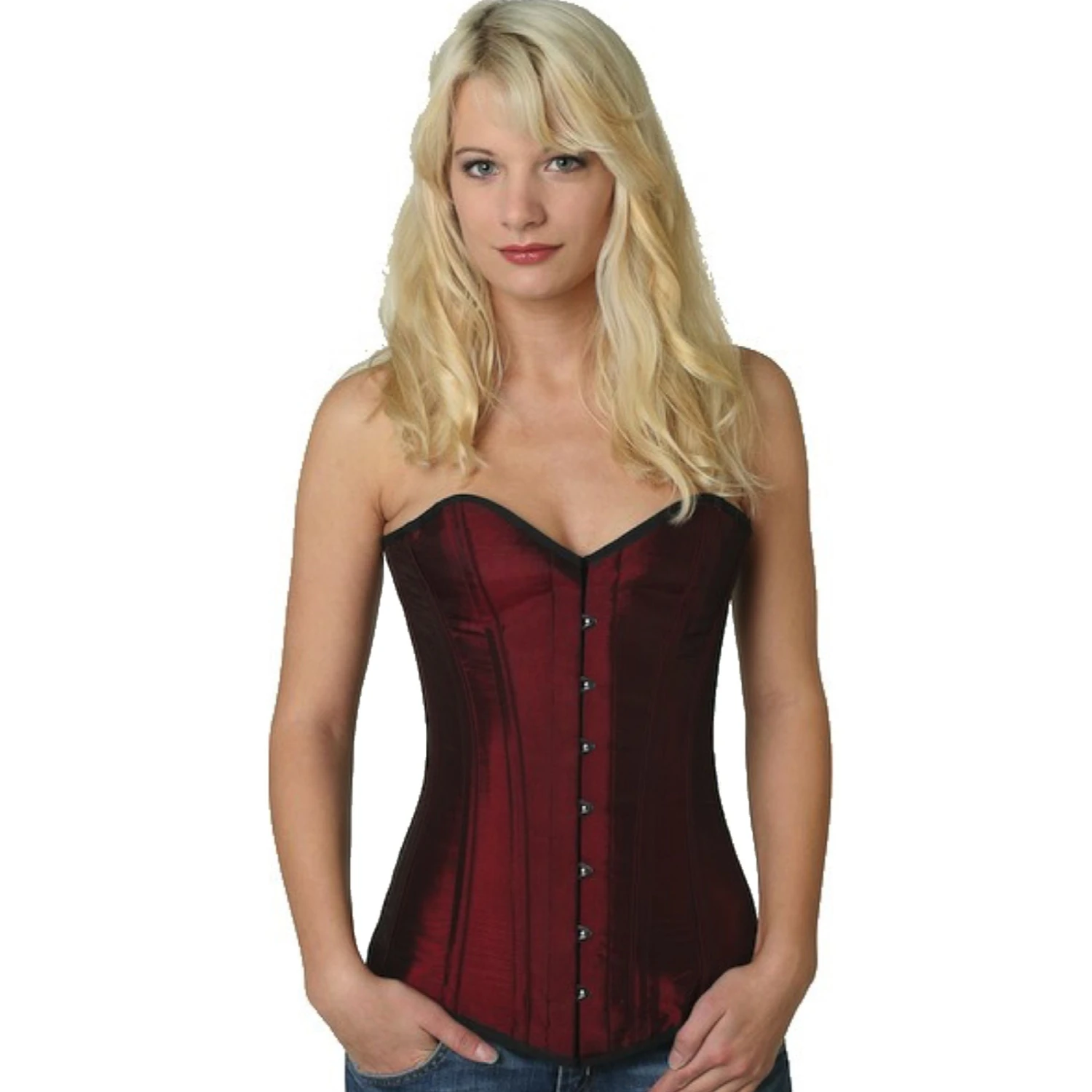 Korsett Vollbrust Satin Rot Weinrot sy05 Modell trägt ein klassisches Satin-Vollbrustkorsett in dunkelrot mit Innenfutter aus Baumwolle